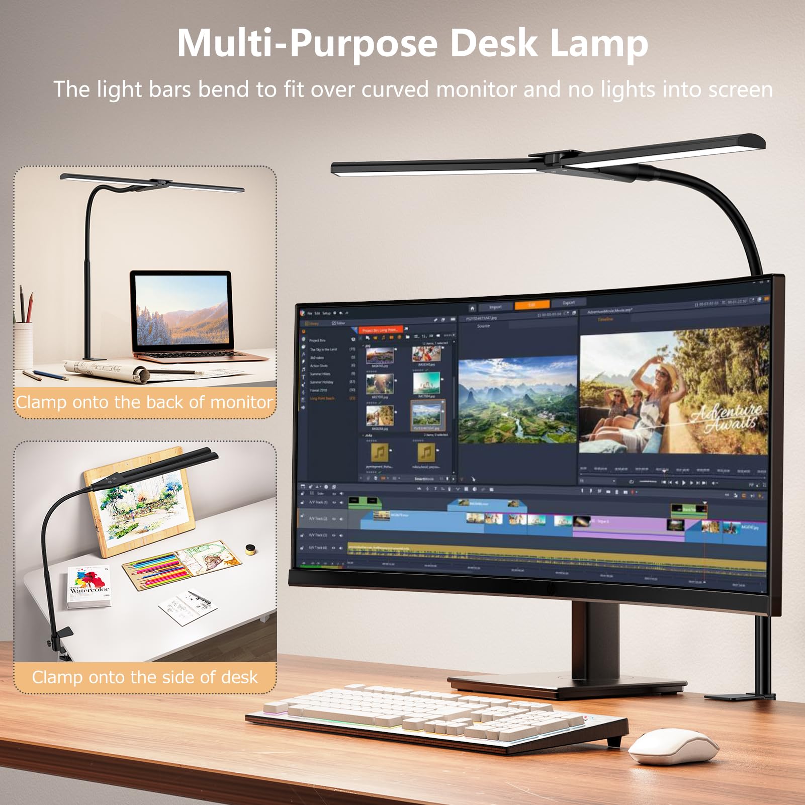 EppieBasic Adjustable Double Head LED Desk Lamp with Clamp - Eye-Caring Home Office Lighting, Flexible Gooseneck & Dimmable Monitor Light for Computer Work, Reading, and Study