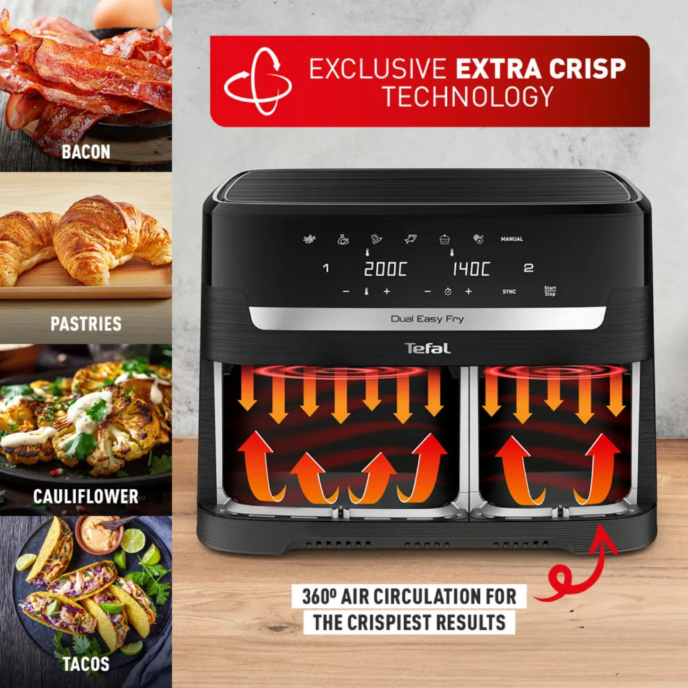 Tefal Dual Easy Fry Essential XXL Air Fryer EY901H - 5.2L Large Capacity, 2000W, Oil-Free Healthy Cooking for Family, Perfect for Fries, Chicken, and Vegetables