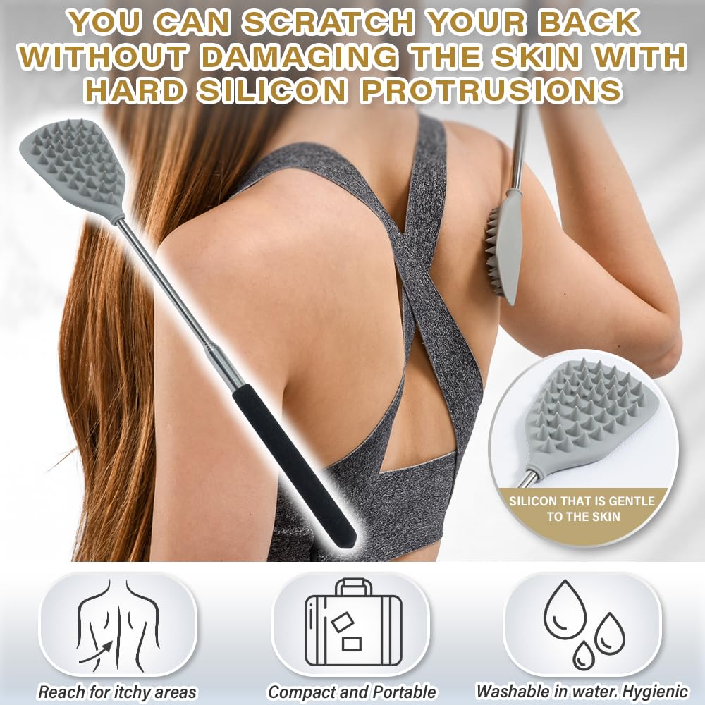 ROUNDS Back Scratcher - Gentle Silicone Protrusion for Itch Relief | Cream Applicator & Head Massager | Portable & Extendable Telescopic Design | Perfect for Travel, Home Use & Spa Treatments