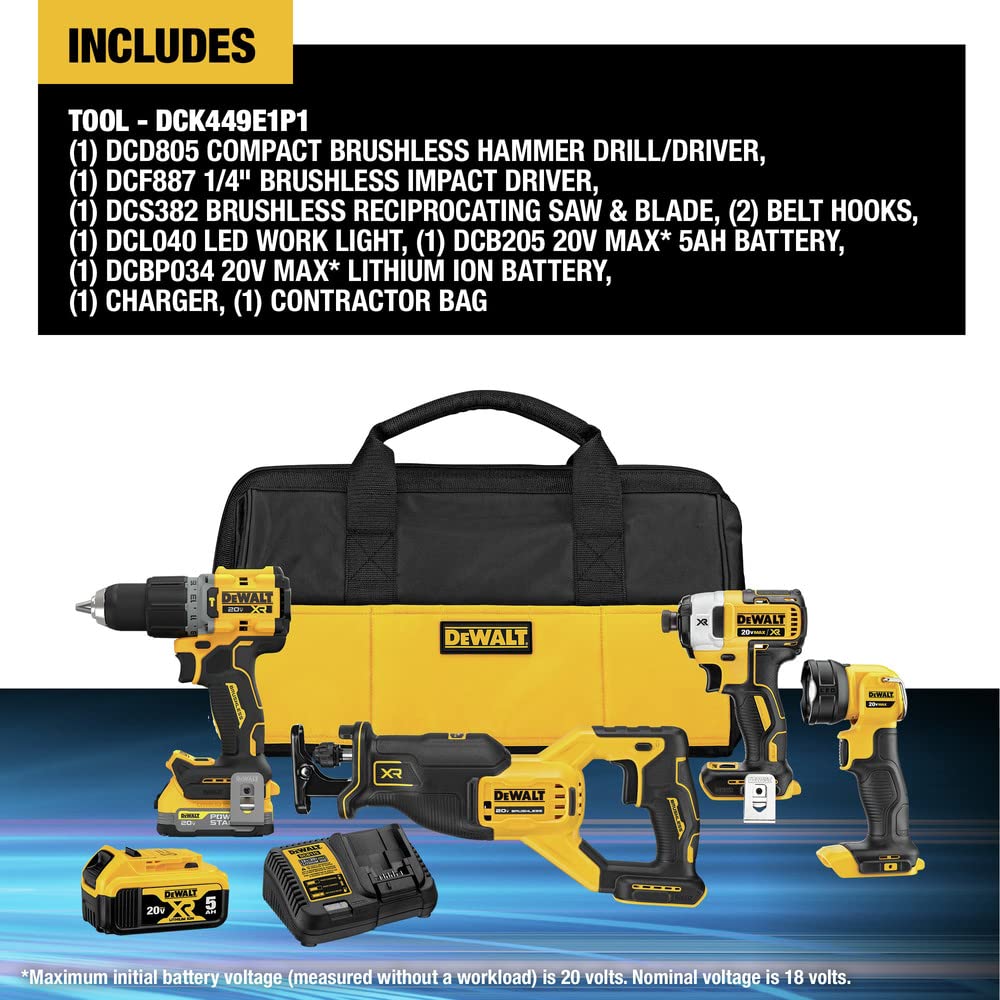 DEWALT 20V MAX* XR Cordless 4-Tool Combo Kit (DCK449E1P1) - Drill, Impact Driver, Circular Saw & Reciprocating Saw - Perfect for DIY Projects & Professional Construction Work