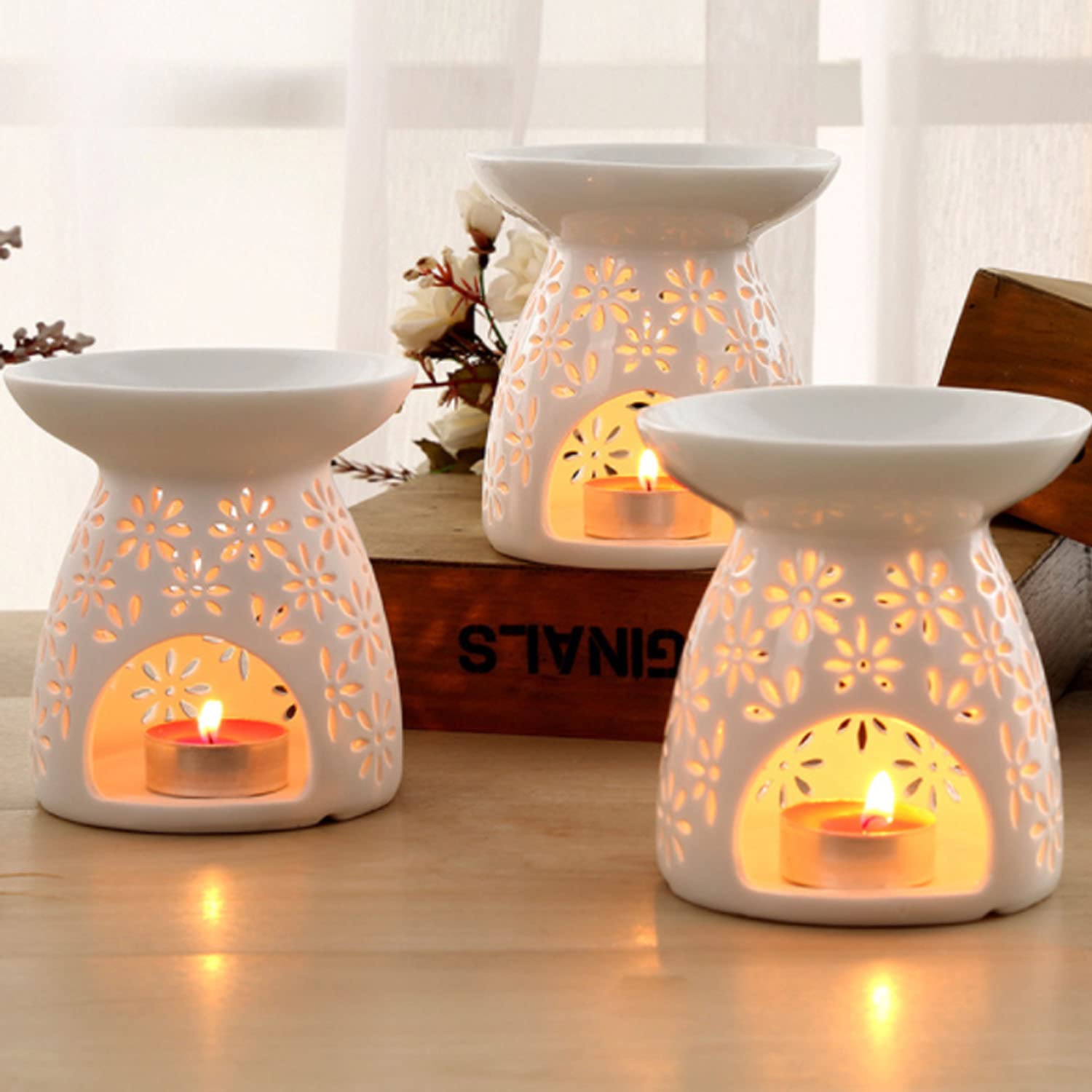 White Ceramic Tealight Candle Holder with Essential Oil Burner & Candle Spoon - Romantic Flower Pattern Aroma Diffuser for Home Decor, Christmas, Housewarming Gifts | Perfect for Relaxation, Spa Nights & Romantic Ambiance