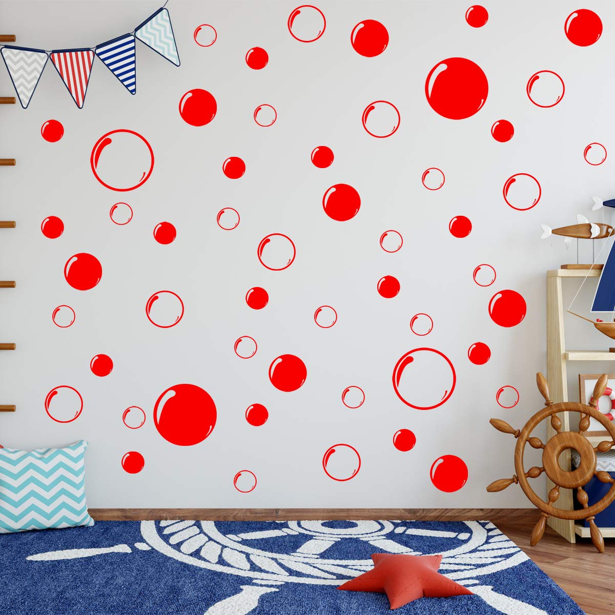 VWAQ Bubble Wall Stickers - Self Adhesive Bathroom Decorations - 52 PCS Peel and Stick Waterproof Decals (Red) - Perfect for Kids Room, Nursery, Shower Tiles & Home Decor