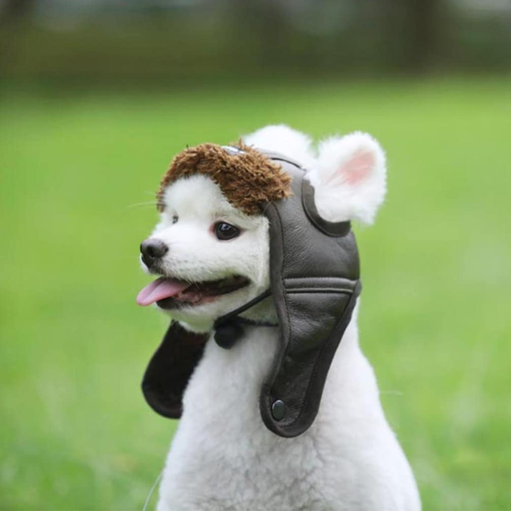 PU Leather Dog Pilot Hat - Winter Costume & Creative Makeup Cap for Small Medium Dogs - Dark Brown Aviator Style Pet Accessory for Cold Weather & Photo Shoots
