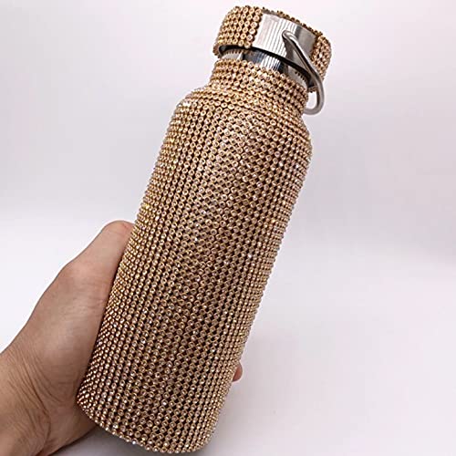 Stylish Rhinestone Insulated Stainless Steel Water Bottle 500ml - Double Walled Vacuum Flask with Lid - Golden Diamond Design for Women & Girls - Perfect for Gym, Office, Travel & Outdoor Activities