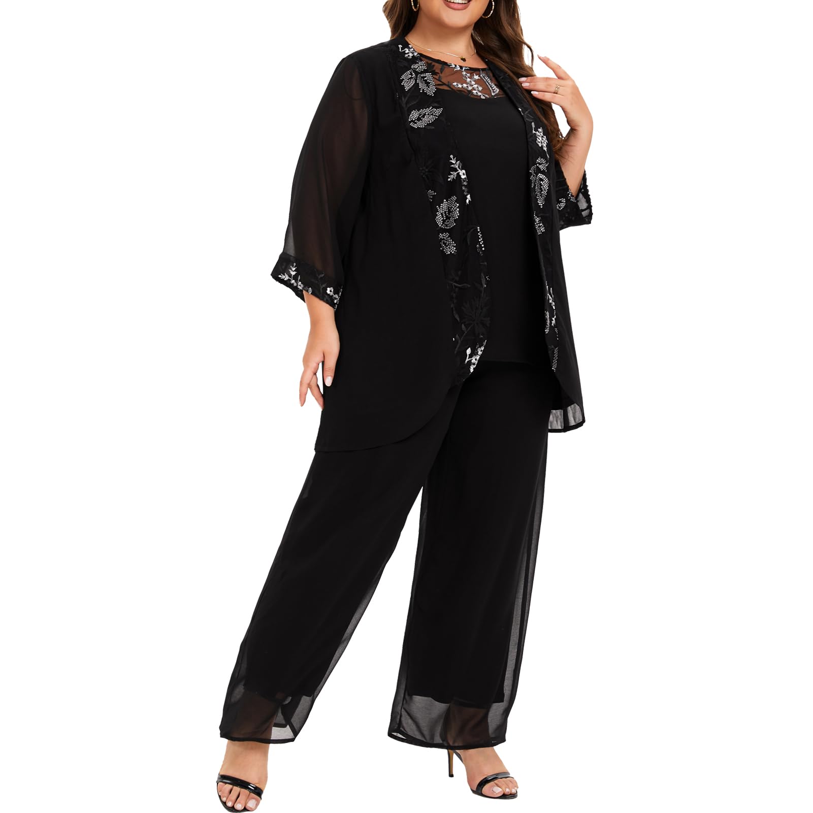 Plus Size Wedding Pant Suits for Women - 3 Piece Chiffon Mother of The Bride/Groom Outfit - Elegant Evening Gowns for Wedding Parties & Formal Events