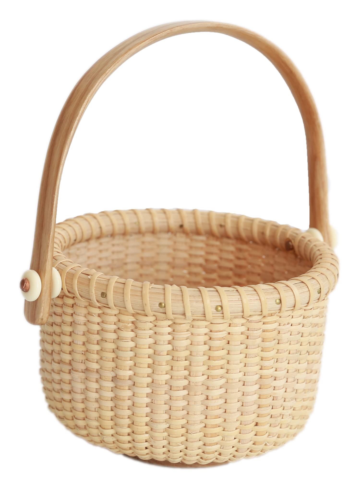 Teng Tian Classic Nantucket Round Woven Basket with Wood Knob Handle - Handwoven Rattan Storage Organizer for Fruits, Toys, or Home Decor | Perfect for Kitchen, Bathroom, or Nursery Organization