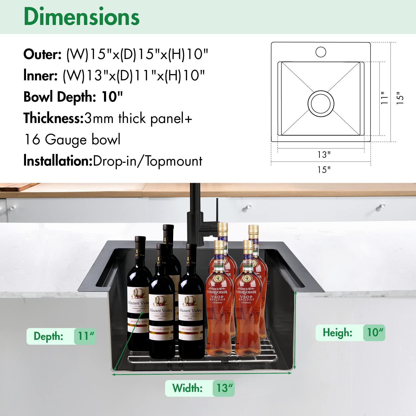 15 x 15 x 10 Inch Gunmetal Black Drop-in Kitchen Sink - 16 Gauge Stainless Steel Small Bar Prep Sink with Cutting Board | Perfect for Compact Kitchens, RV Bars & Food Preparation Stations
