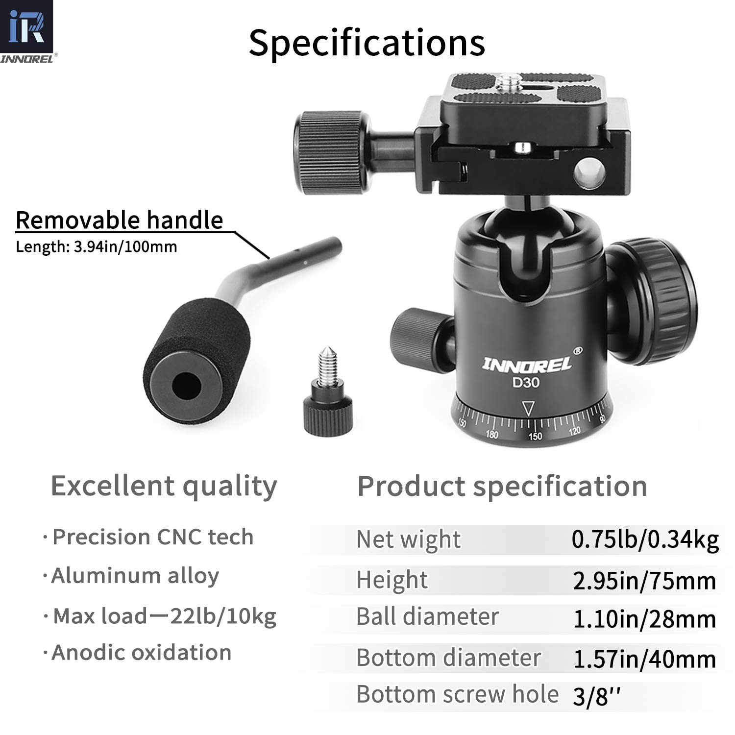 INNOREL D30 Heavy Duty Tripod Ball Head with Handle - 360° Panoramic Ballhead for DSLR, Camcorder, Telescope | 1/4