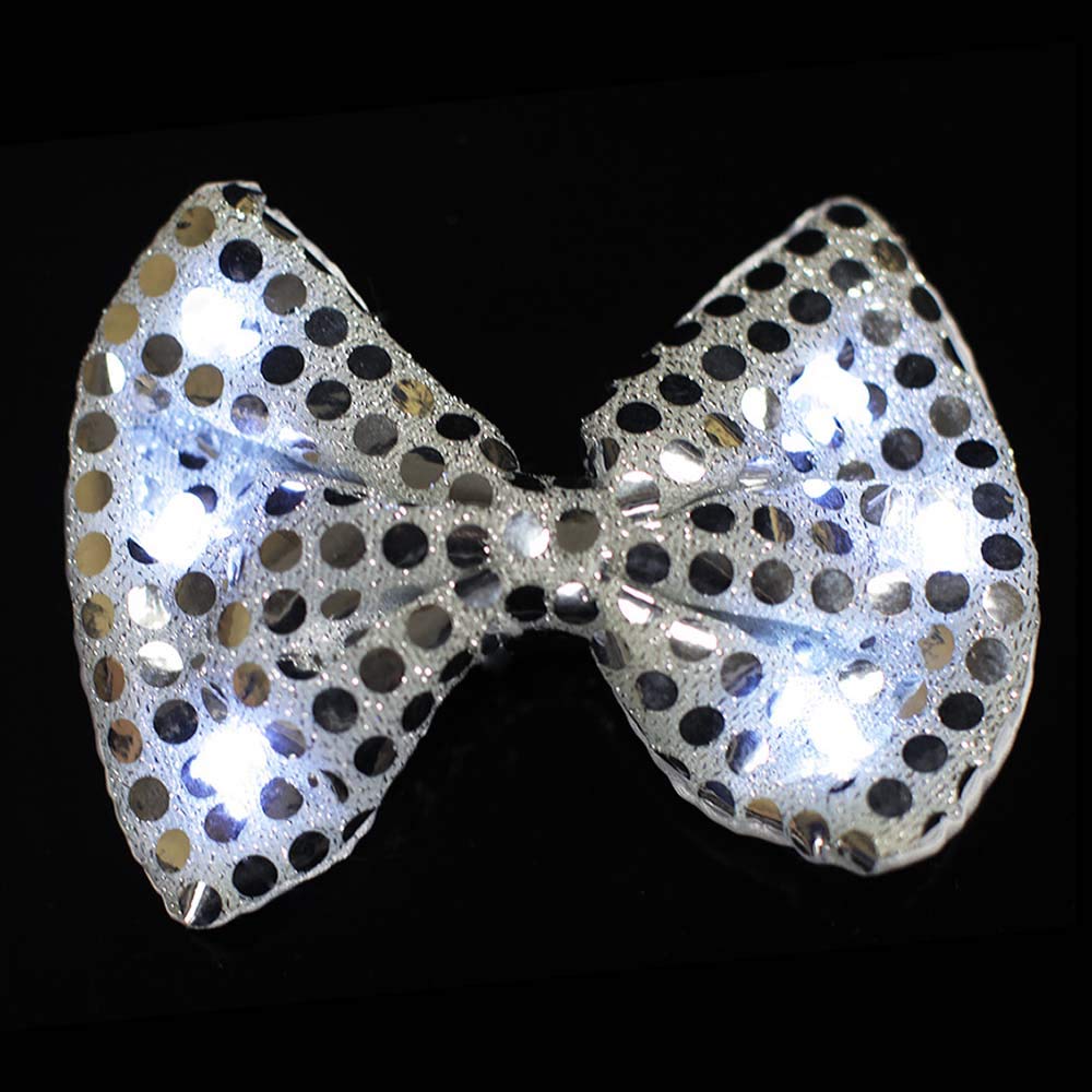 Silver Sequin LED Flashing Bow Tie - White Lights for Costume Party, Gag Gift for Men & Women | Perfect for Halloween, Christmas, Prom & Themed Events
