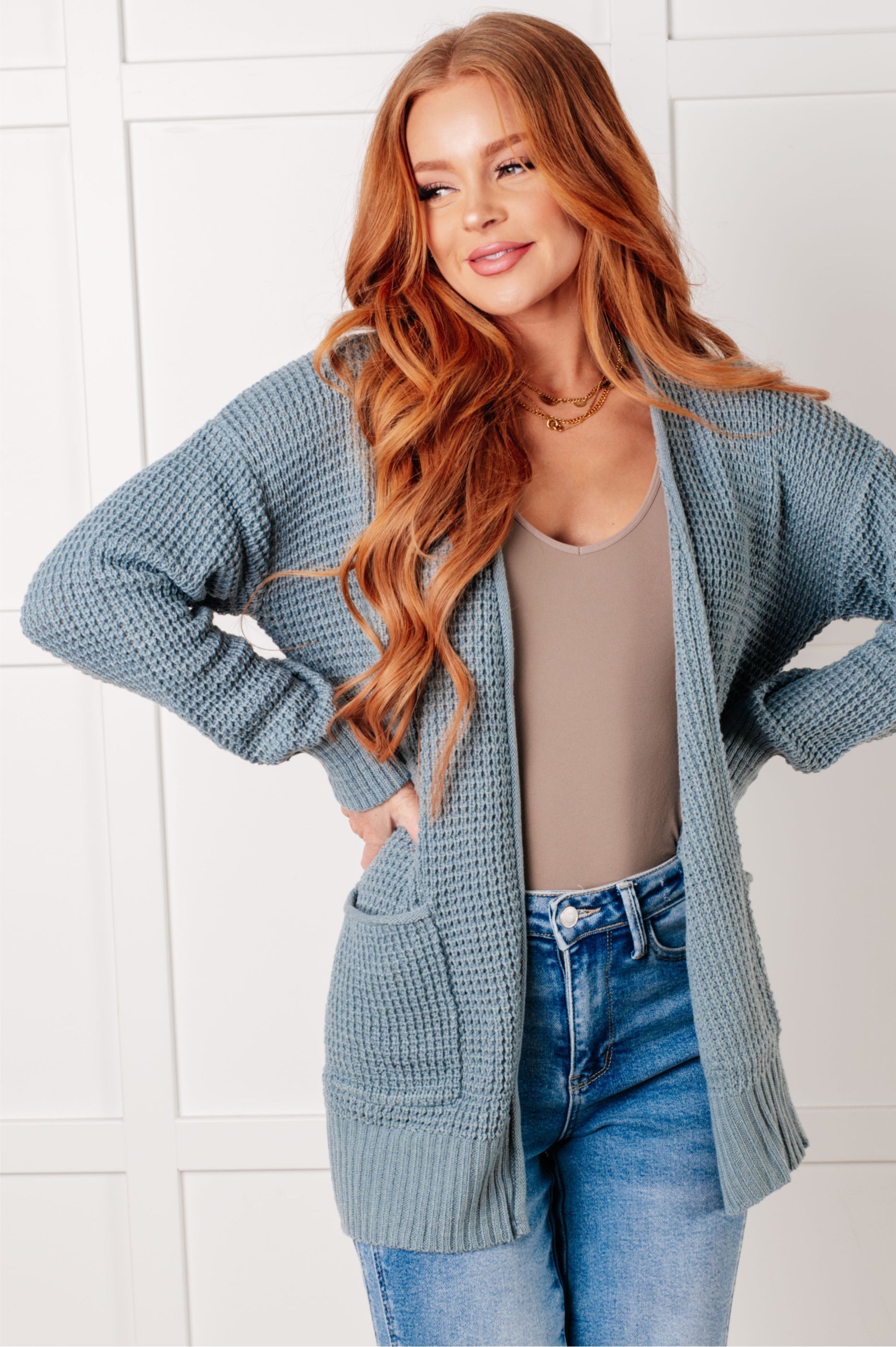 Blue Grey Waffle Knit Open Front Cardigan for Women - Cozy Layered Sweater for Fall & Winter | Perfect for Casual Outfits, Office Wear and Weekend Lounging