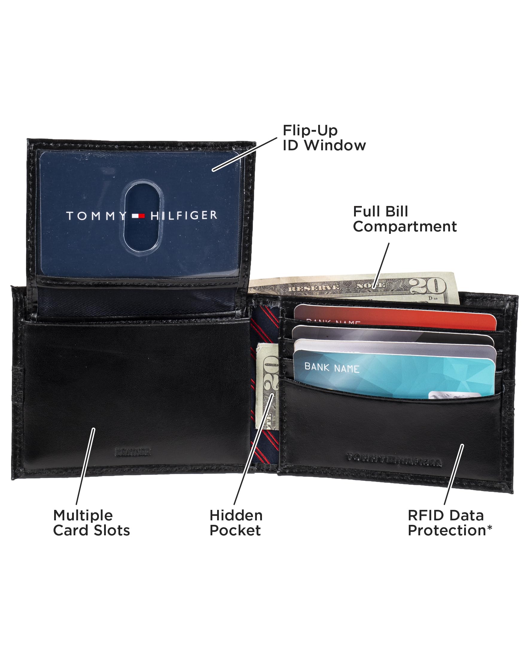 Tommy Hilfiger Men's Classic Bifold Leather Wallet with ID Window & 12 Card Slots - Slim RFID Blocking Wallet for Everyday Carry, Travel & Business