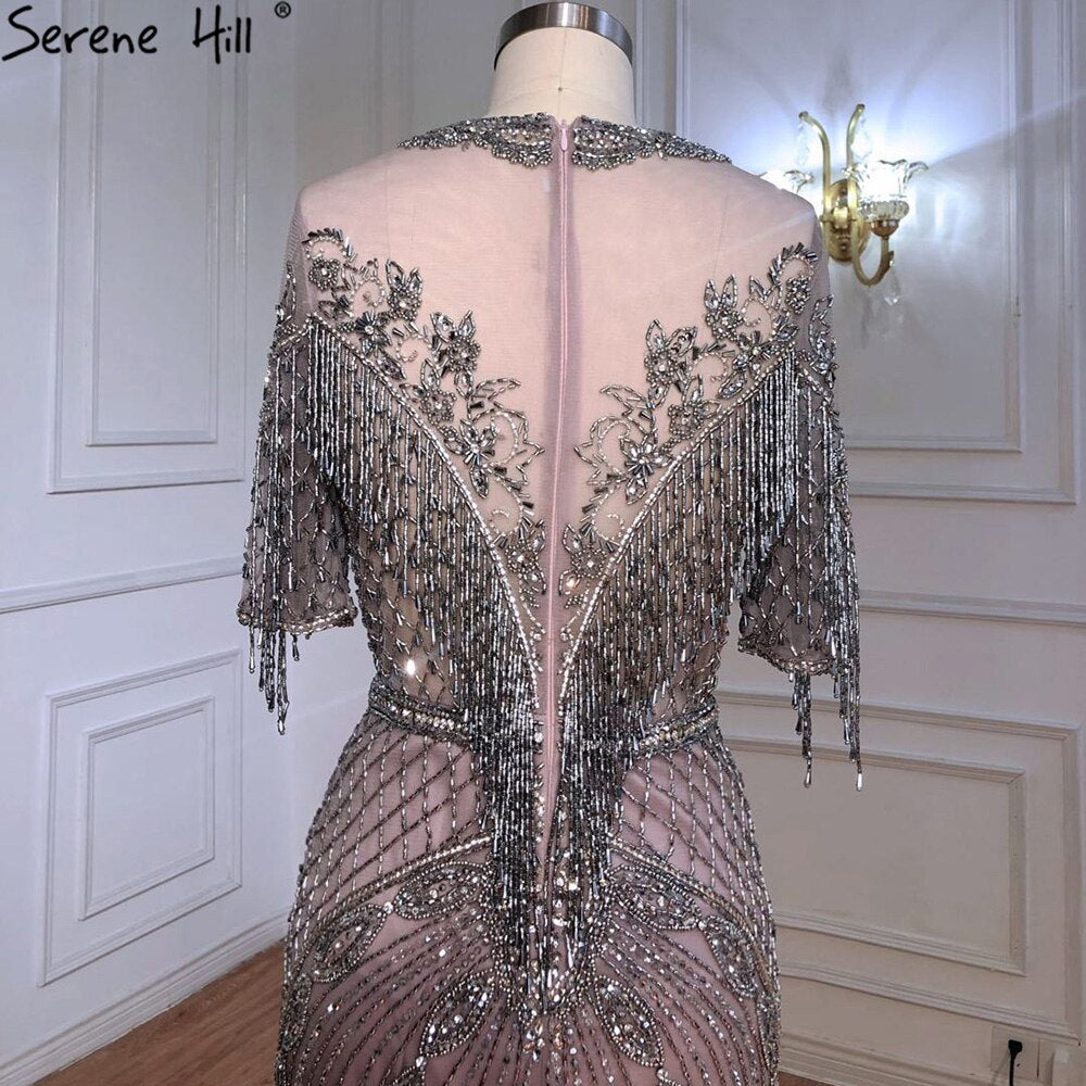 Serene Hill Luxury Grey Mermaid Evening Dresses for Women 2025 - Elegant Beaded Tassel Half Sleeve Gowns for Prom, Party & Formal Occasions - LA70966