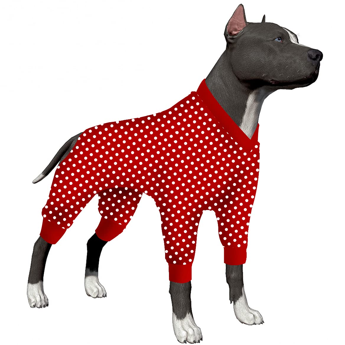 LovinPet Dog Pajamas - UV & Post-Surgery Protective Onesie for Dogs, Stretchable Red & White Dot Print Jammies - Perfect for Recovery, Sun Protection & Indoor Comfort
