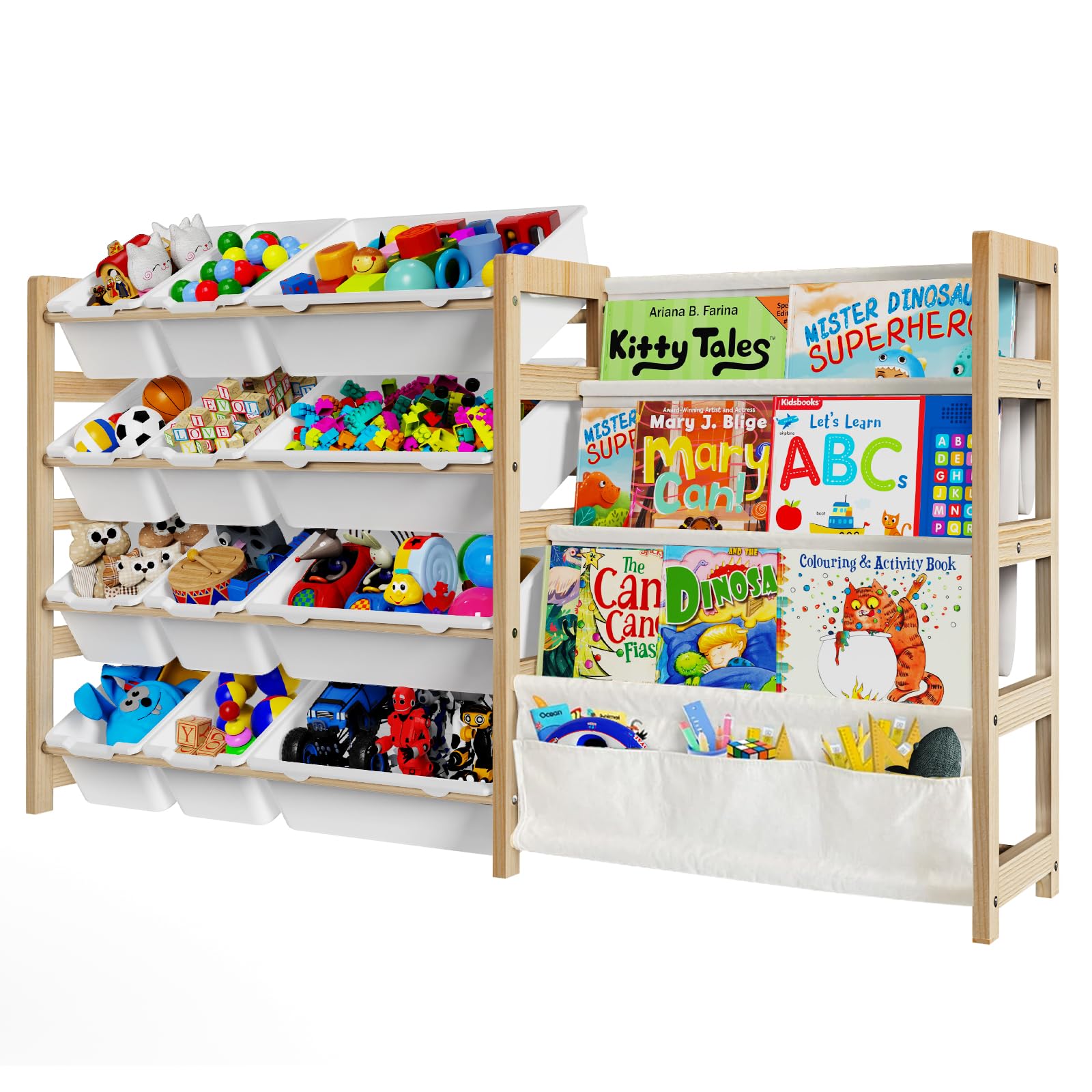 12-Bin Large Toy Storage Organizer with 4-Tier Bookshelf - Kids Room, Playroom & Nursery Organization - Perfect for Storing Toys, Books & Learning Materials