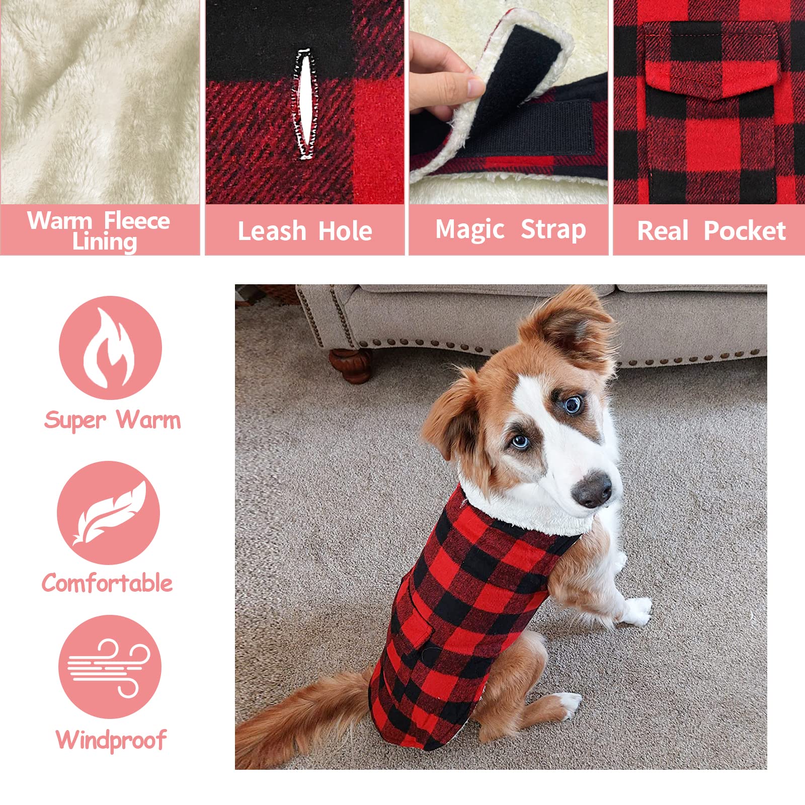 Malier Classic Plaid Fleece Dog Winter Coat - Windproof Warm Pet Jacket with Pocket for Small Medium Large Dogs (Red, Small) | Cold Weather Apparel for Outdoor Walks & Winter Adventures