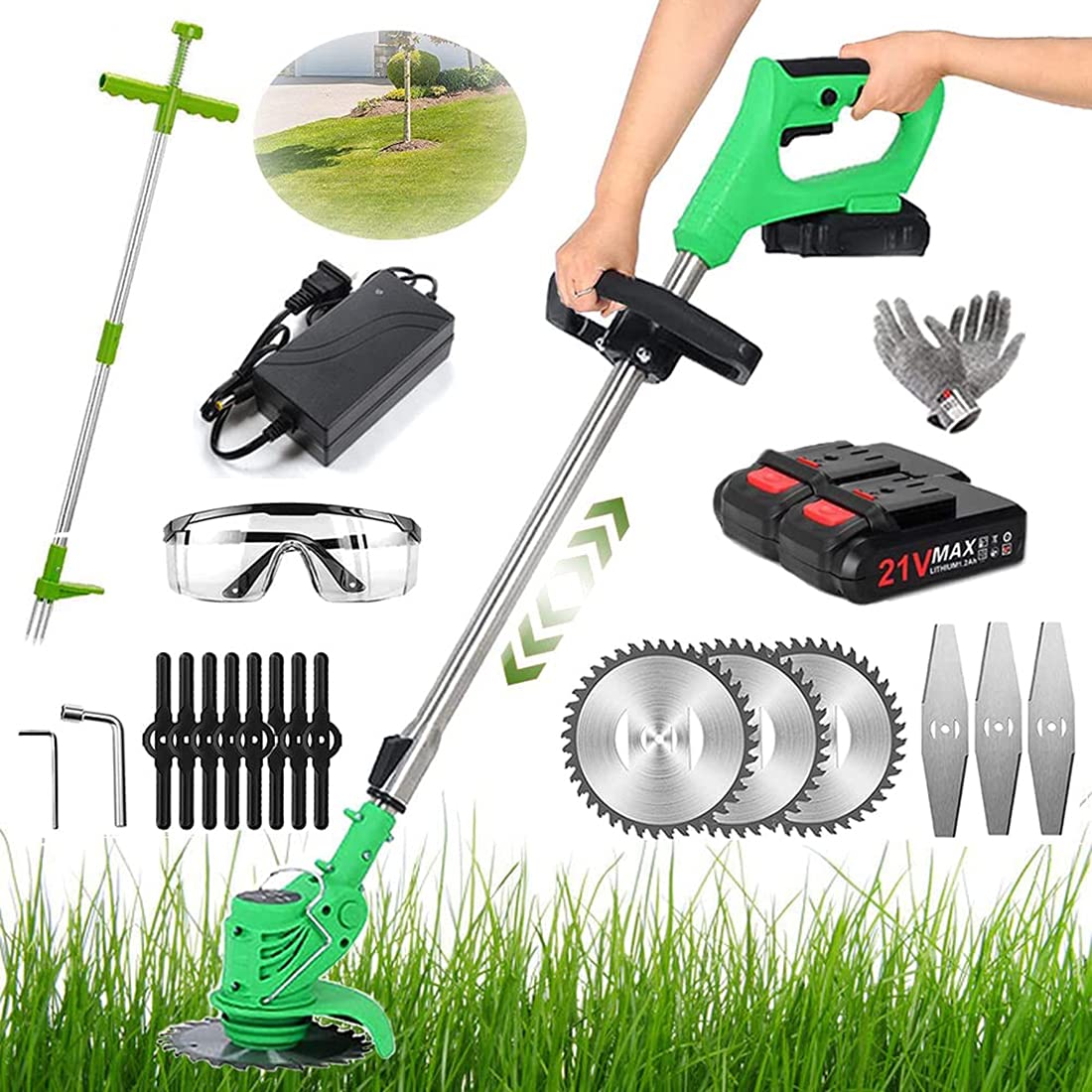 21V Cordless Lawn Trimmer & Weed Cutter - Rechargeable Lithium Battery with Charger, Telescopic Handle, 90° Rotatable Head - Lightweight Electric Grass Trimmer for Yard, Garden, and Lawn Maintenance (Green)