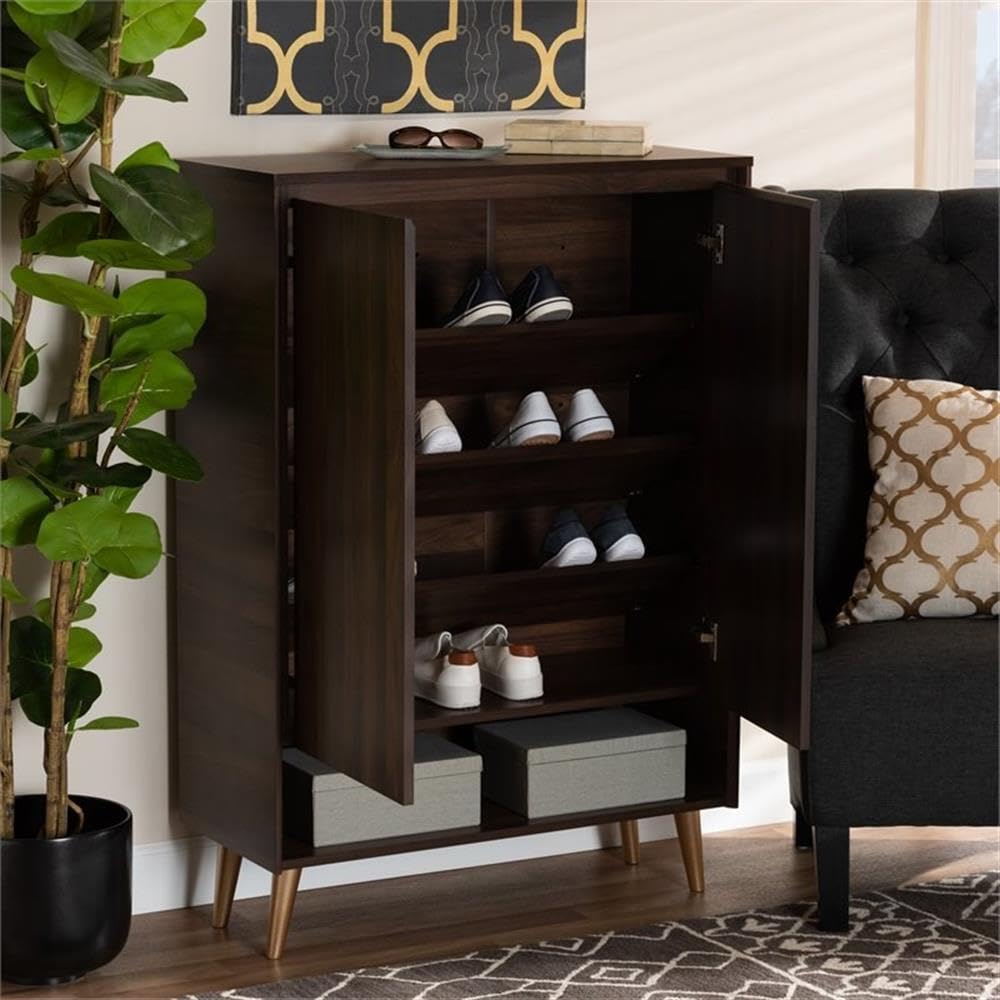 BOWERY HILL Mid-Century Modern 2-Door Shoe Storage Cabinet - Solid Wood Entryway Organizer with Adjustable Shelves, Brown - Perfect for Small Spaces, Hallways & Closet Organization