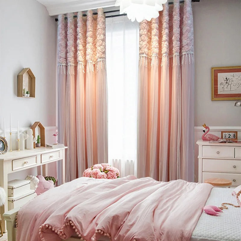 Luxury Rose Veil Sheer Blackout Curtains - Pink Elegant Window Drapes for Bedroom & Living Room, Light Filtering & Privacy Protection