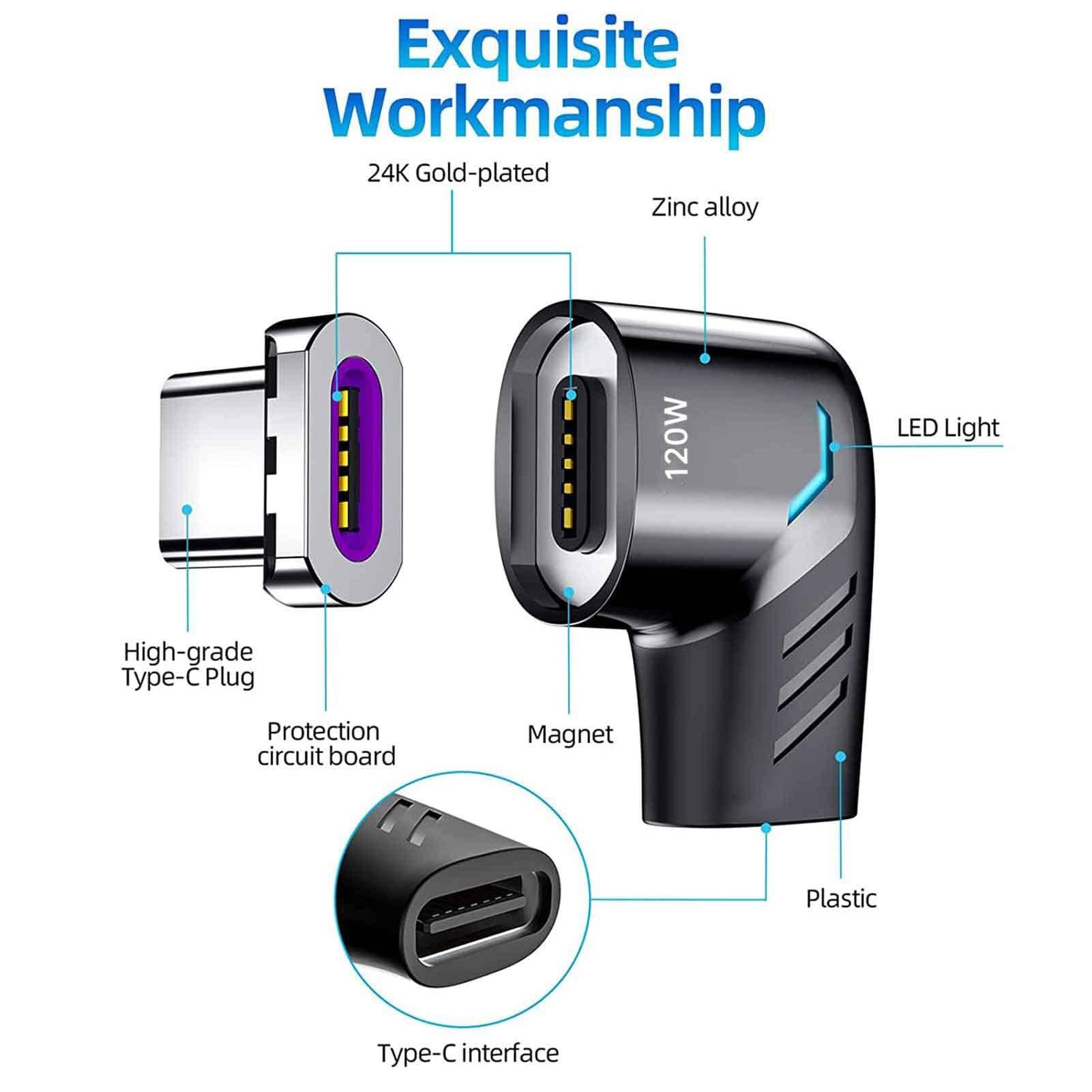 90 Degree Right Angle USB C Magnetic Charger - 120W Fast Charging & 480Mbps High Speed Data Transfer | Durable Magnetic Phone Adapter for iPhone, Samsung, iPad | Perfect for Gaming, Driving & Night Charging