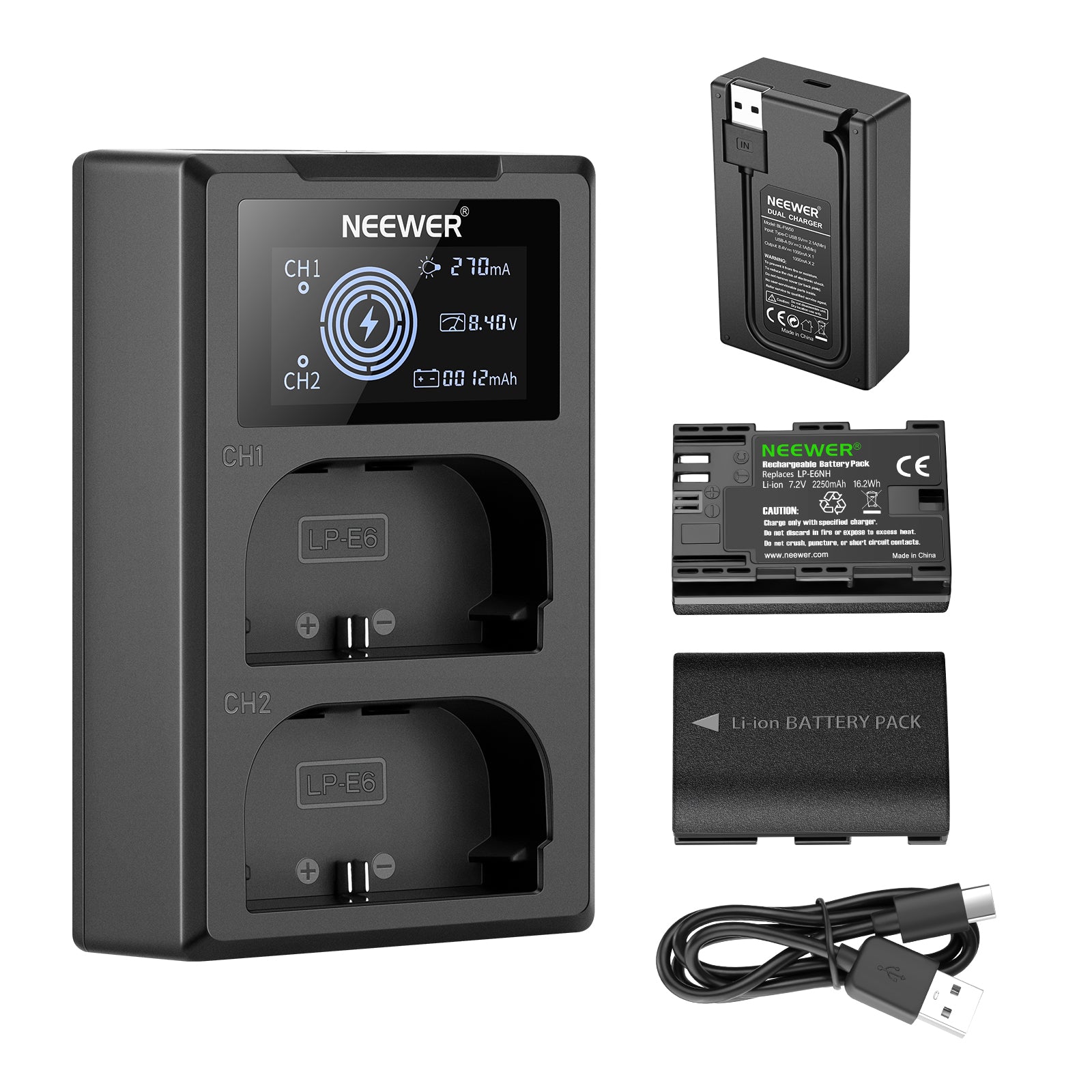 NEEWER 2 Pack LP-E6NH 2250mAh Rechargeable Battery with Dual Charger - Compatible with Canon EOS 5D Mark IV, 5DS, 80D, 70D & More DSLR Cameras - Perfect for Travel, Wedding & Professional Photography