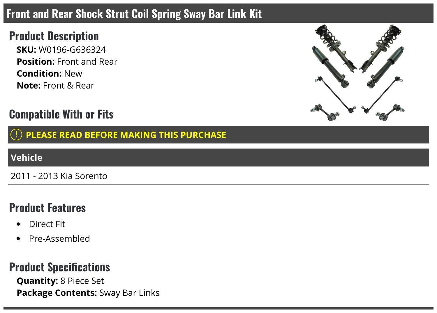 Kia Sorento Front & Rear Shock Strut Coil Spring Sway Bar Link Kit (8-Piece) - Compatible with 2011-2013 Models - Perfect for Off-Roading & Smooth Ride Upgrades