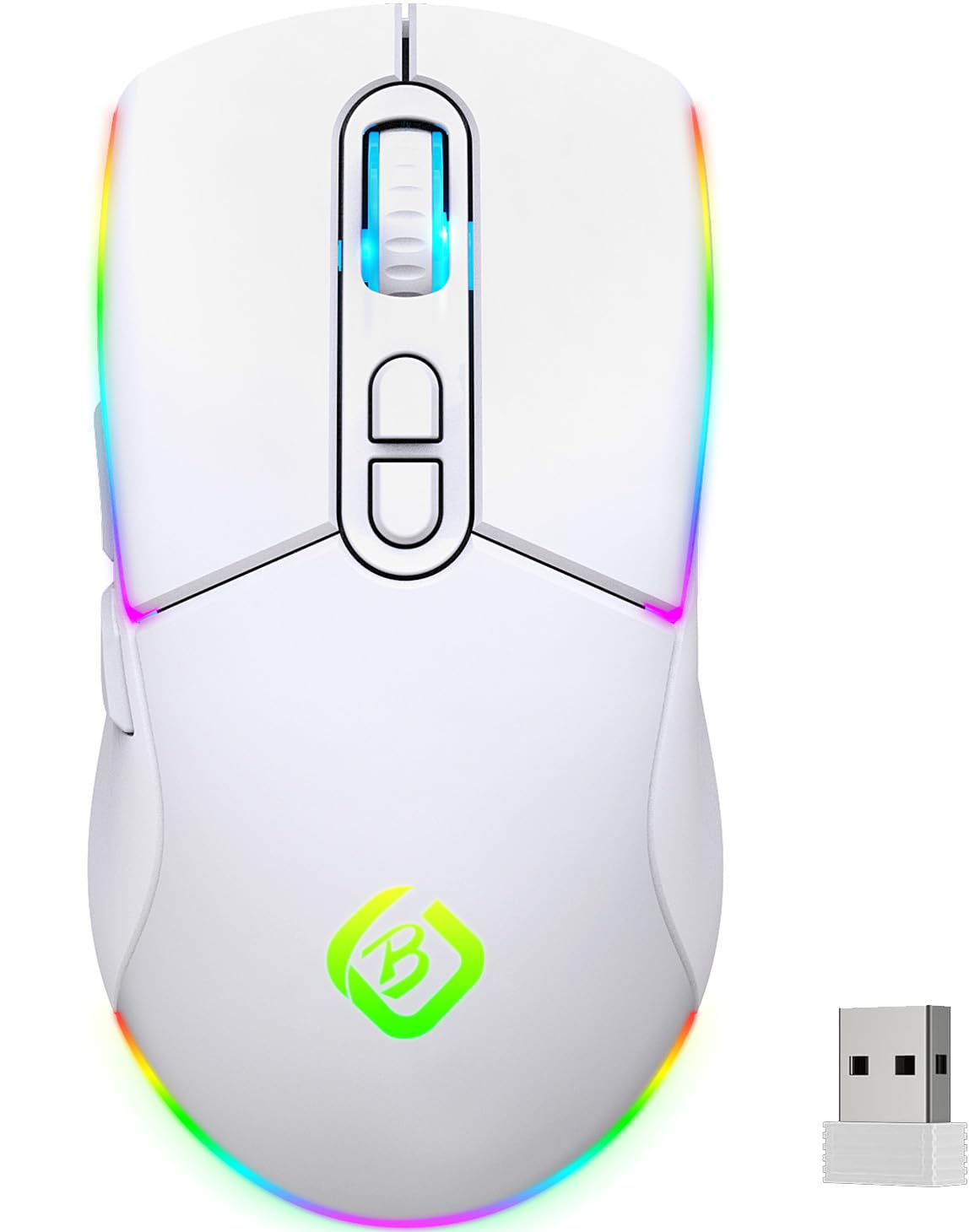 JYCSTE Wireless Gaming Mouse, Dual Mode 2.4GHz/Bluetooth 5.1, RGB Backlit Ergonomic Mouse with 6 Buttons, Rechargeable Computer Mouse for PC, Mac, Laptop (White) - Perfect for Gaming, Office Work, and Home Use
