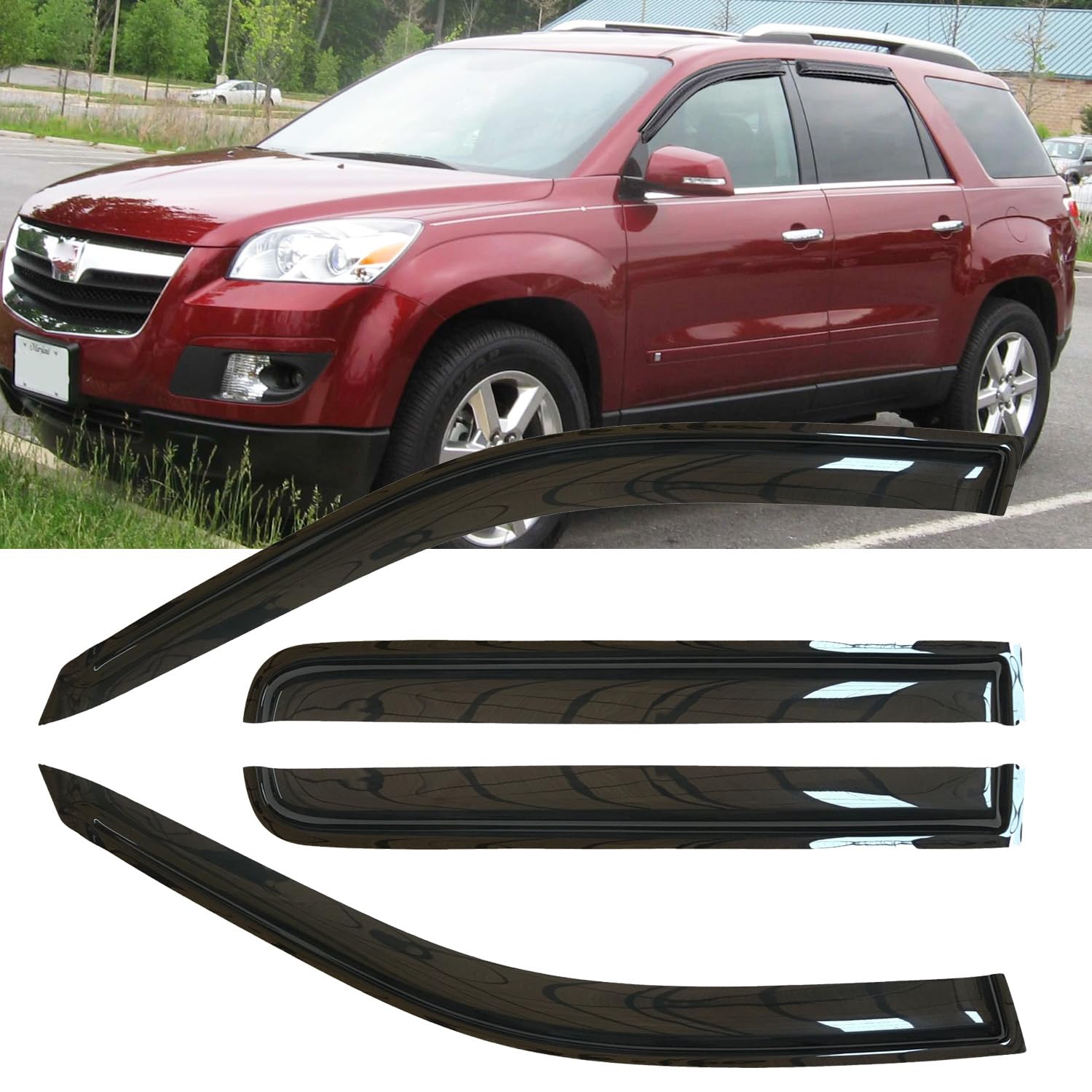 4pcs Durable Dark Smoke Window Rain Guards - Shatterproof Outside Mount Wind Deflectors for 2007-2016 GMC Acadia & 2007-2010 Saturn Outlook (Part# 94632) | Weather Protection & Enhanced Style for Your SUV