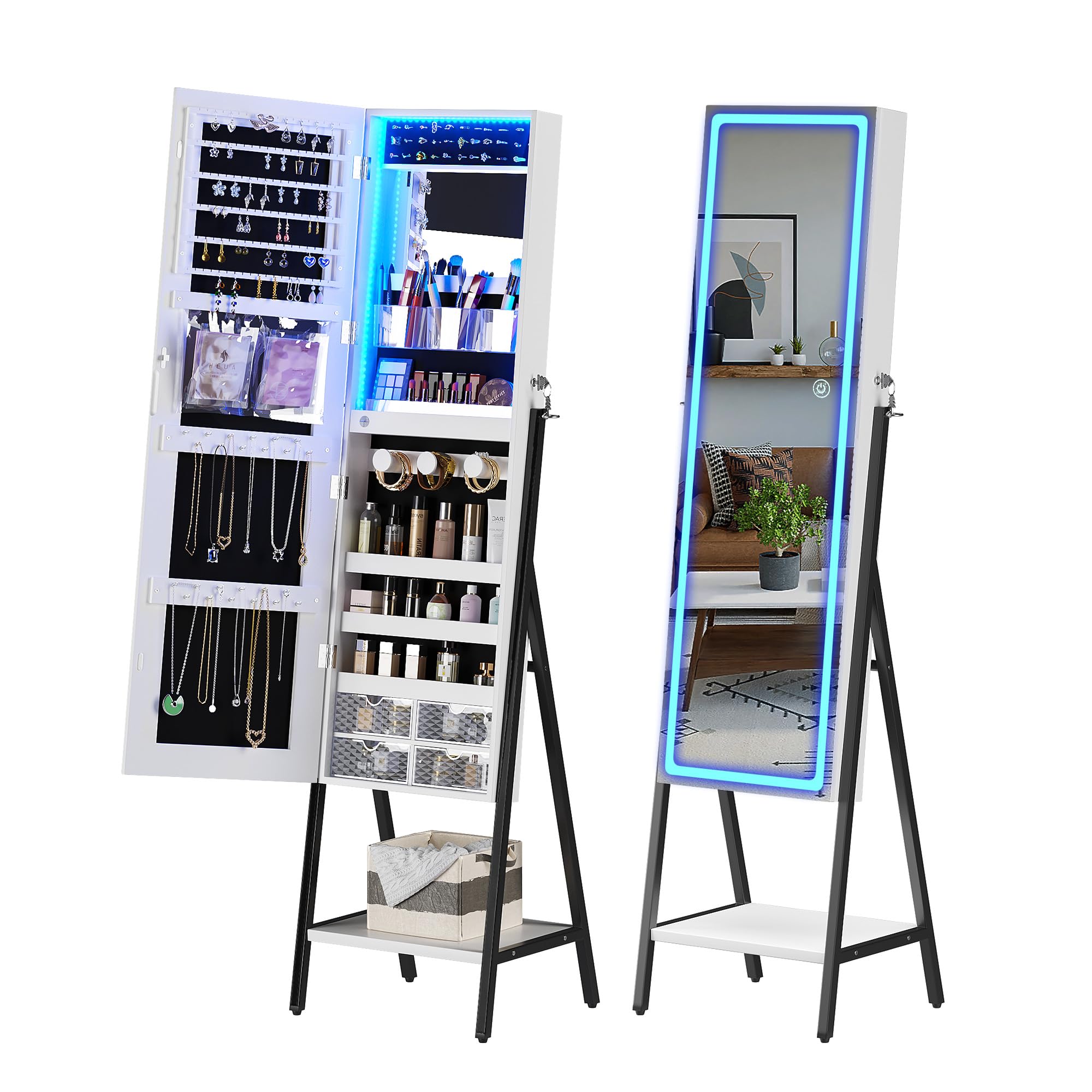 HNEBC LED Mirror Jewelry Cabinet - Lockable Standing Jewelry Armoire Organizer with Full Length Mirror & Adjustable Lighting, White (Perfect for Bedroom Vanity, Dressing Room & Christmas Gifts for Women)