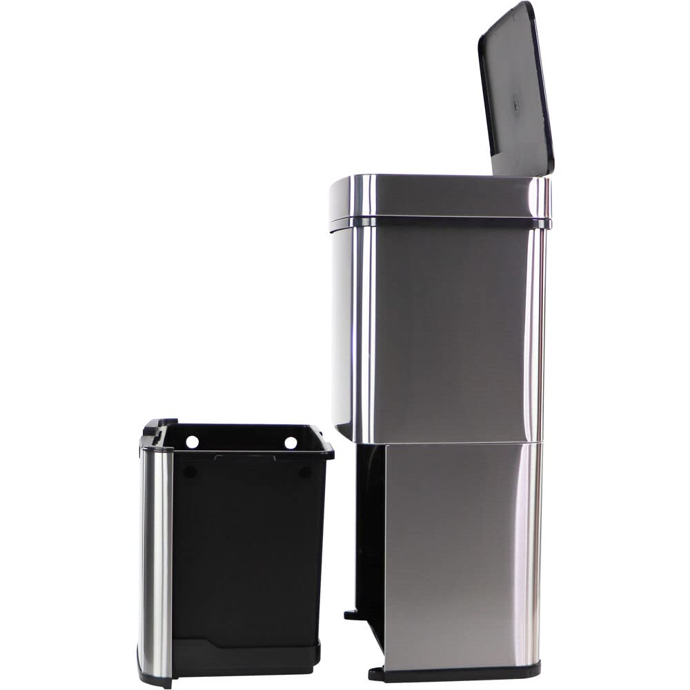 Hanover Home 16.4 Gallon Stainless Steel Motion Sensor Trash Can with Pull-Out Recycling Bin - Fingerprint-Resistant Kitchen Garbage Bin for Home & Office Use (62L) - Perfect for Waste Management in Modern Kitchens, Pantries & Break Rooms