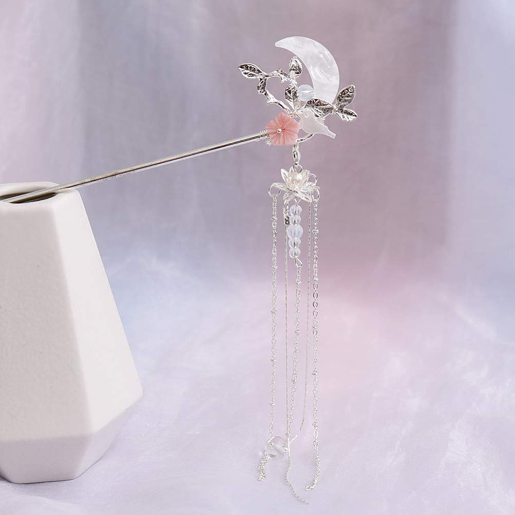 Moon Design Tassel Hair Stick - Chinese Hair Chopstick & Hair Fork for Women & Girls | Silver Hair Clip & Hairpin Accessories | Perfect for Weddings, Parties & Traditional Hairstyles