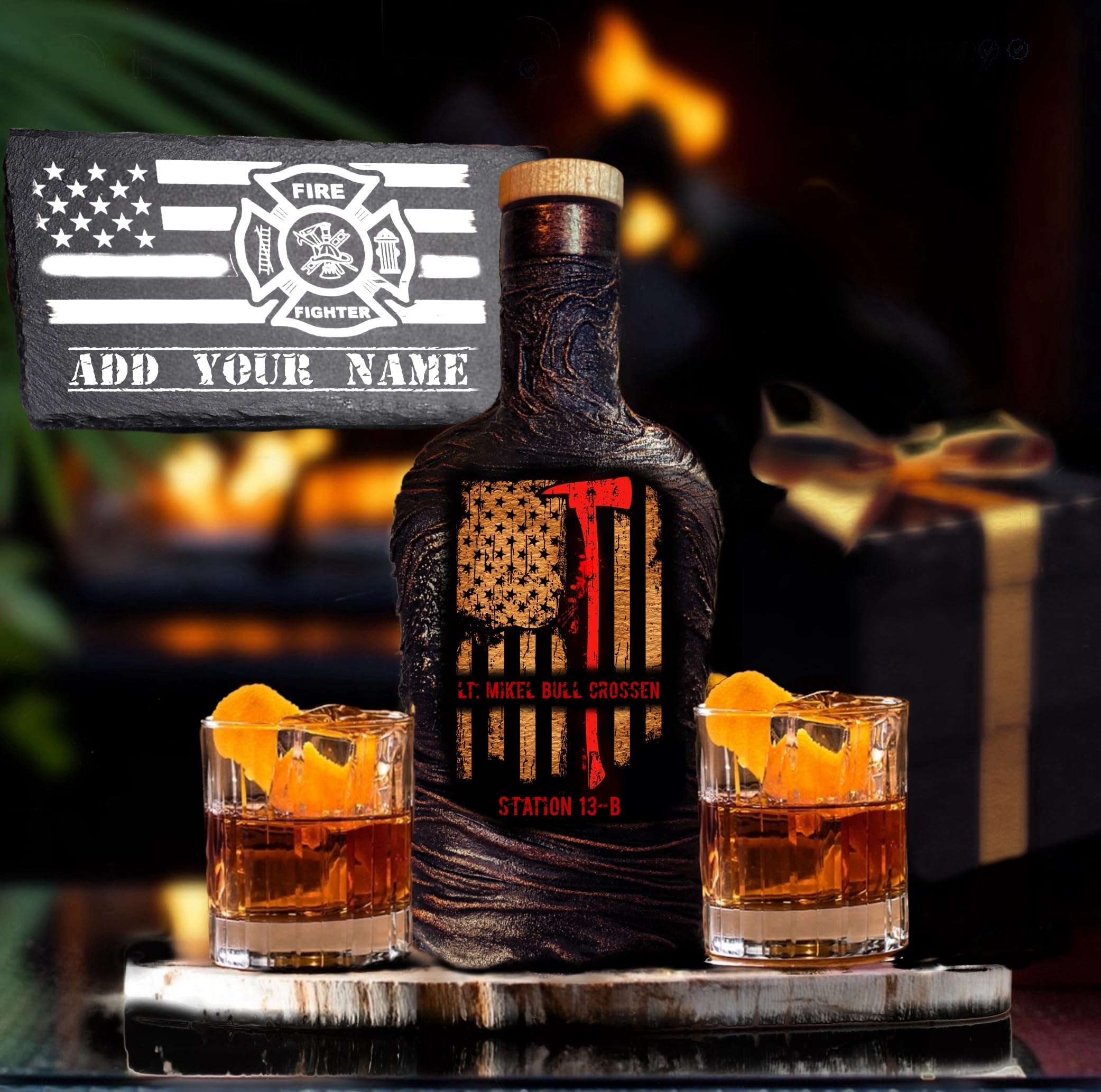 Personalized Firefighter Whiskey Decanter Set with 2 Glasses & Engraved Slate Board - Custom Fireman Axe Design & Thin Red Line USA Flag - Retirement, Anniversary, Graduation Gift for Men - Elegant Gift Box - Perfect for Home Bars, Man Caves & Firefighter Themed Parties