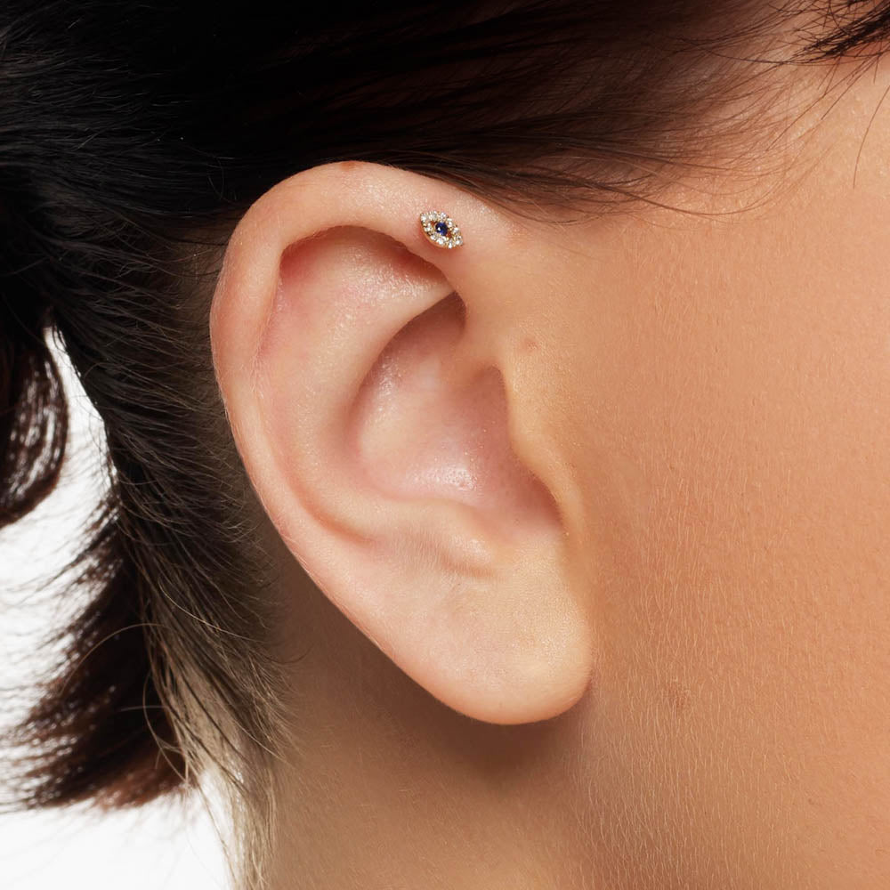 10k Gold Diamond Evil Eye Helix Single Stud Earring - Stylish Protection Jewelry for Everyday Wear & Special Occasions