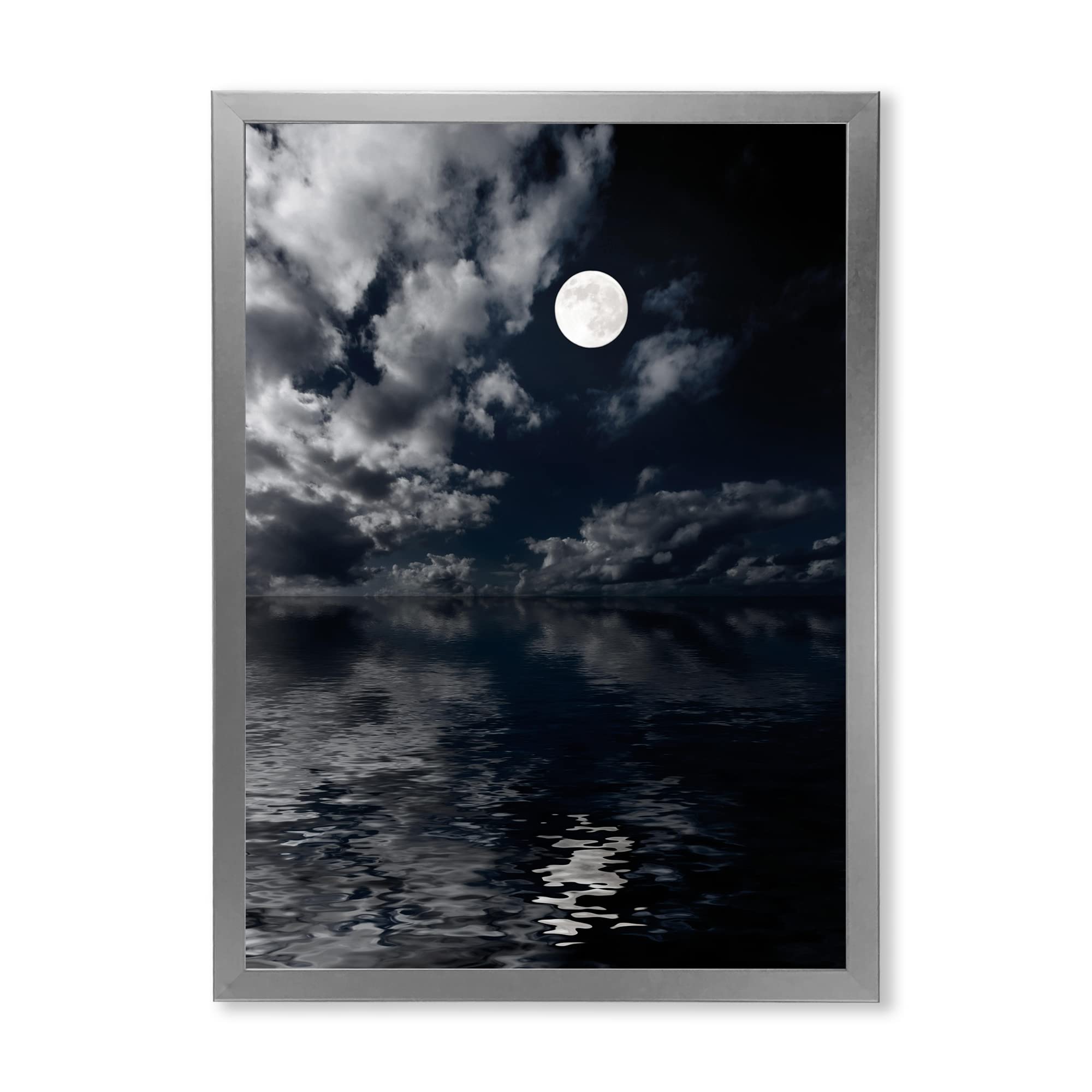 Full Moon in Cloudy Night Sky IV - Nautical Coastal Framed Wall Art Print for Beach House Decor, Ocean Themed Living Room & Bedroom Wall Decor