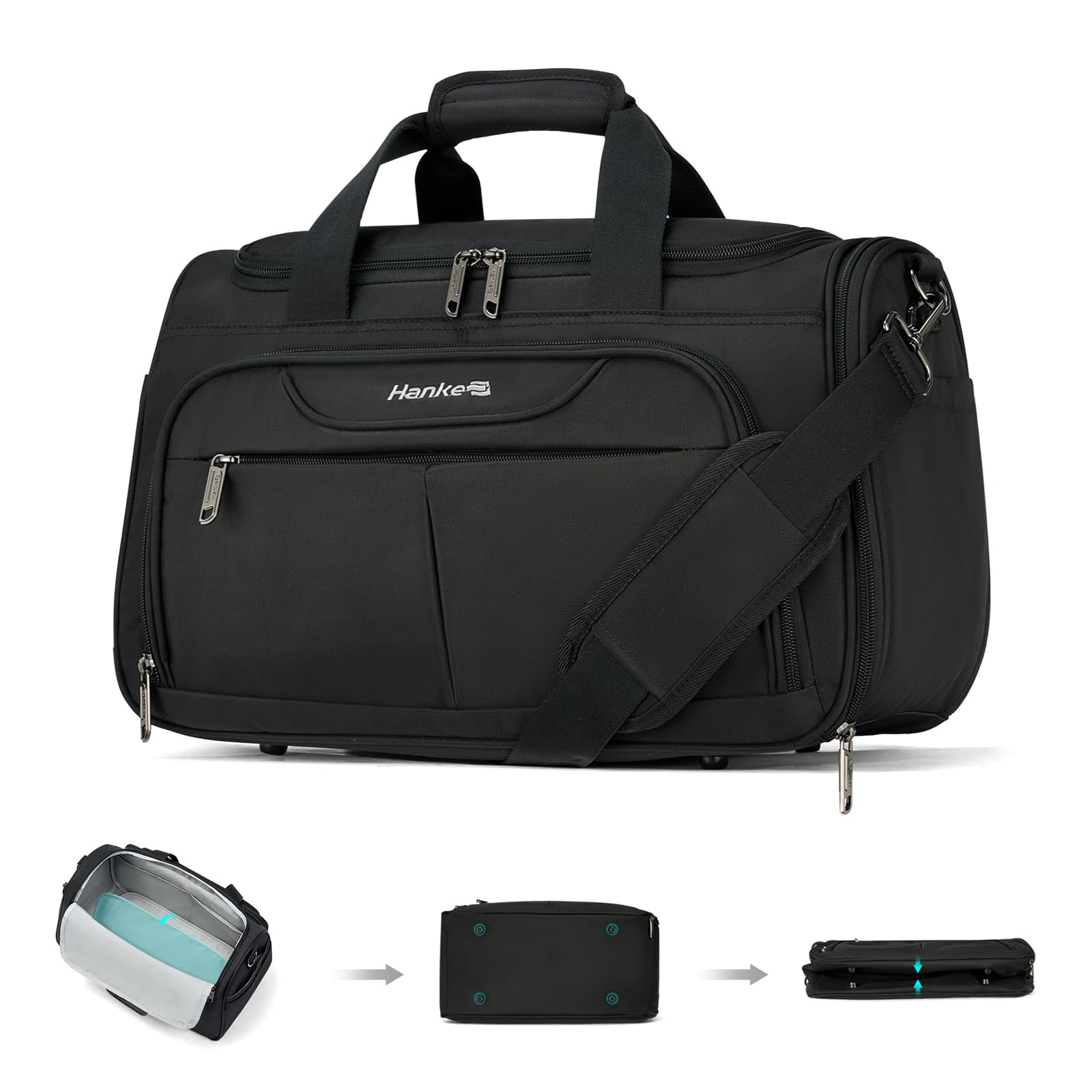 Hanke Foldable Underseat Carry On Luggage Bag - Lightweight Travel Tote for Women & Men, Softside Personal Item Bag for Flight Crew & Overnight Trips | Perfect for Airplane, Train & Bus Travel (Black)