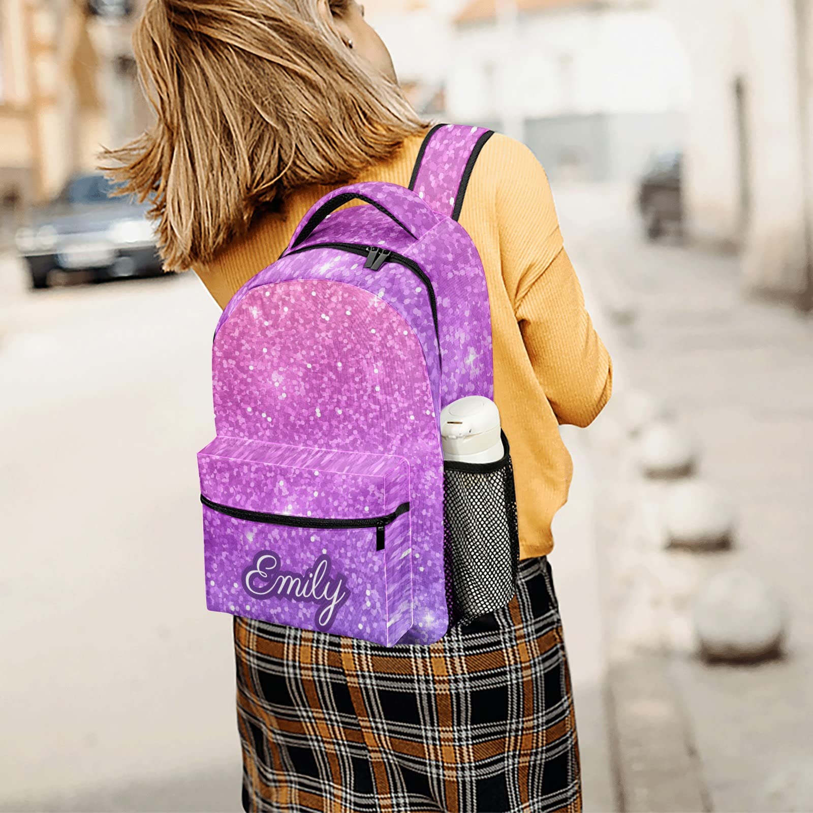 Custom Personalized Kids Backpack 16.5 Inch - Pink Violet Glitter Waterproof School Travel Bag for Boys & Girls (16.5