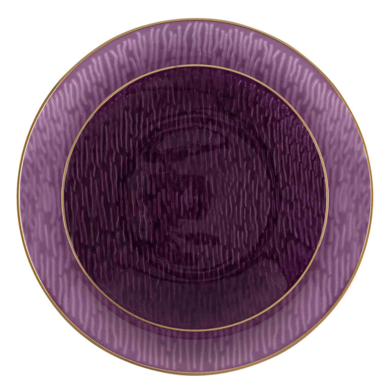 24 Pack Purple and Gold Rim Round Plastic Dinnerware Set - 12-Piece Service for 12 Guests - Shatterproof Disposable Plates for Parties, Weddings & Events - Elegant Icicle Design Tableware