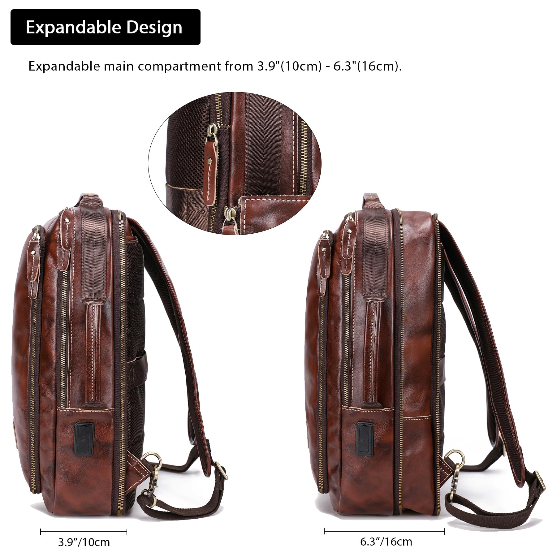 Premium Vegetable Tanned Leather Backpack for Men - Expandable 15.6 Inch Laptop Travel Bag, Durable Shoulder Rucksack for Work, College & Outdoor Adventures