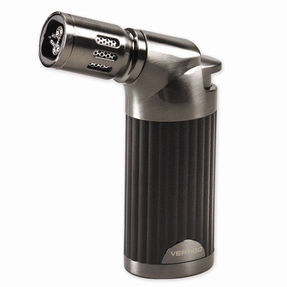 Vertigo Champ Black Matte & Gunmetal Quad Flame Torch Lighter - Premium Butane Refillable Lighter for Cigars, Candles, Camping & Outdoor Use