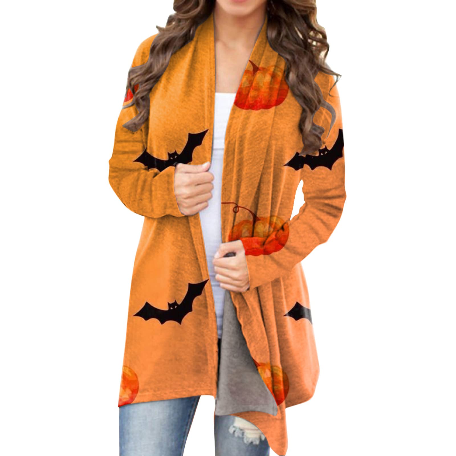 Women's Halloween Cat & Pumpkin Print Cardigan Sweater - Cozy Long Open Front Knit Blouse for Casual Outfits, Fall Layering, and Holiday Parties