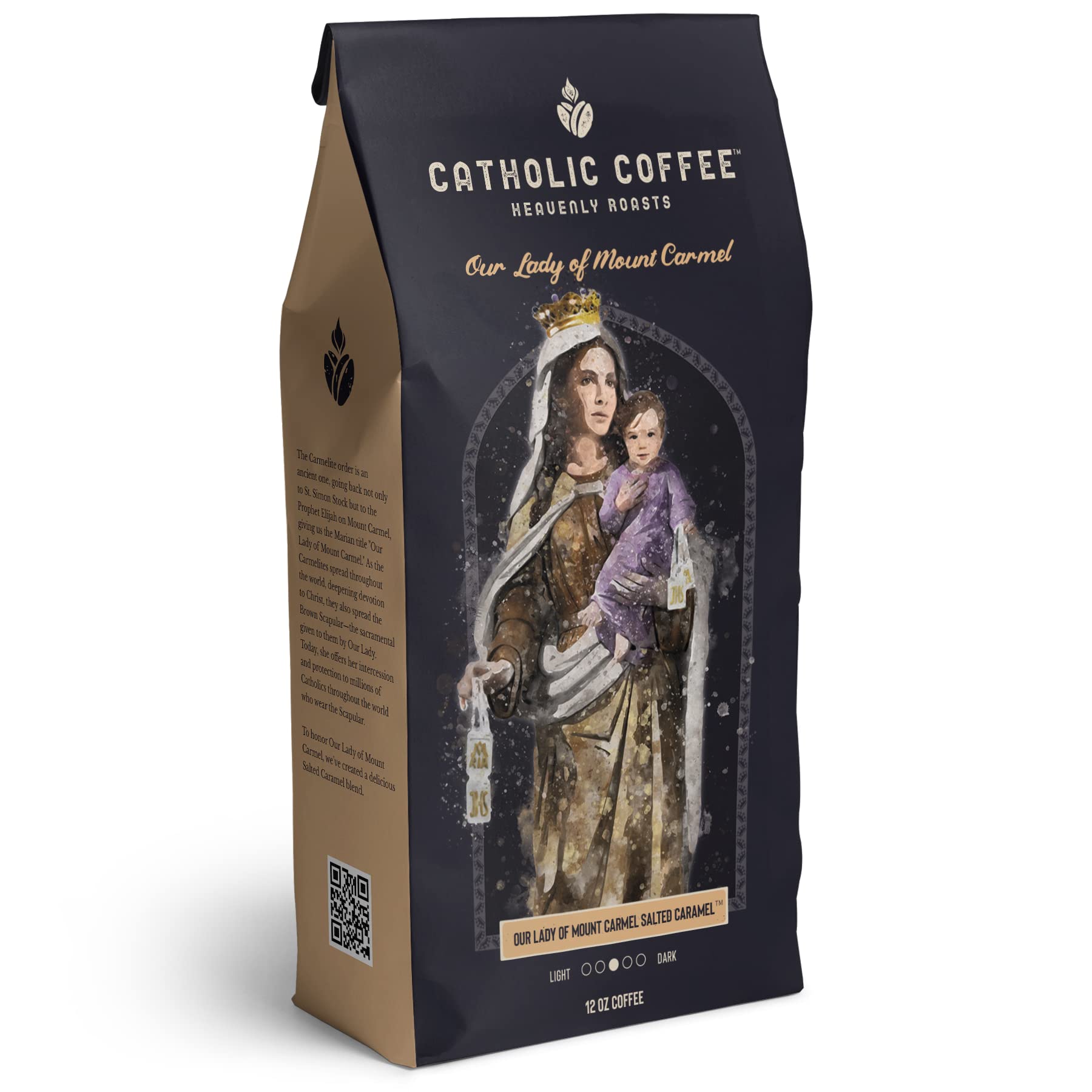 Premium Our Lady of Mount Carmel Salted Caramel Catholic Coffee - 12oz Whole Bean Small-Batch Craft Coffee for Faithful Catholics & Coffee Connoisseurs - Perfect for Morning Devotion, Bible Study & Gift Giving