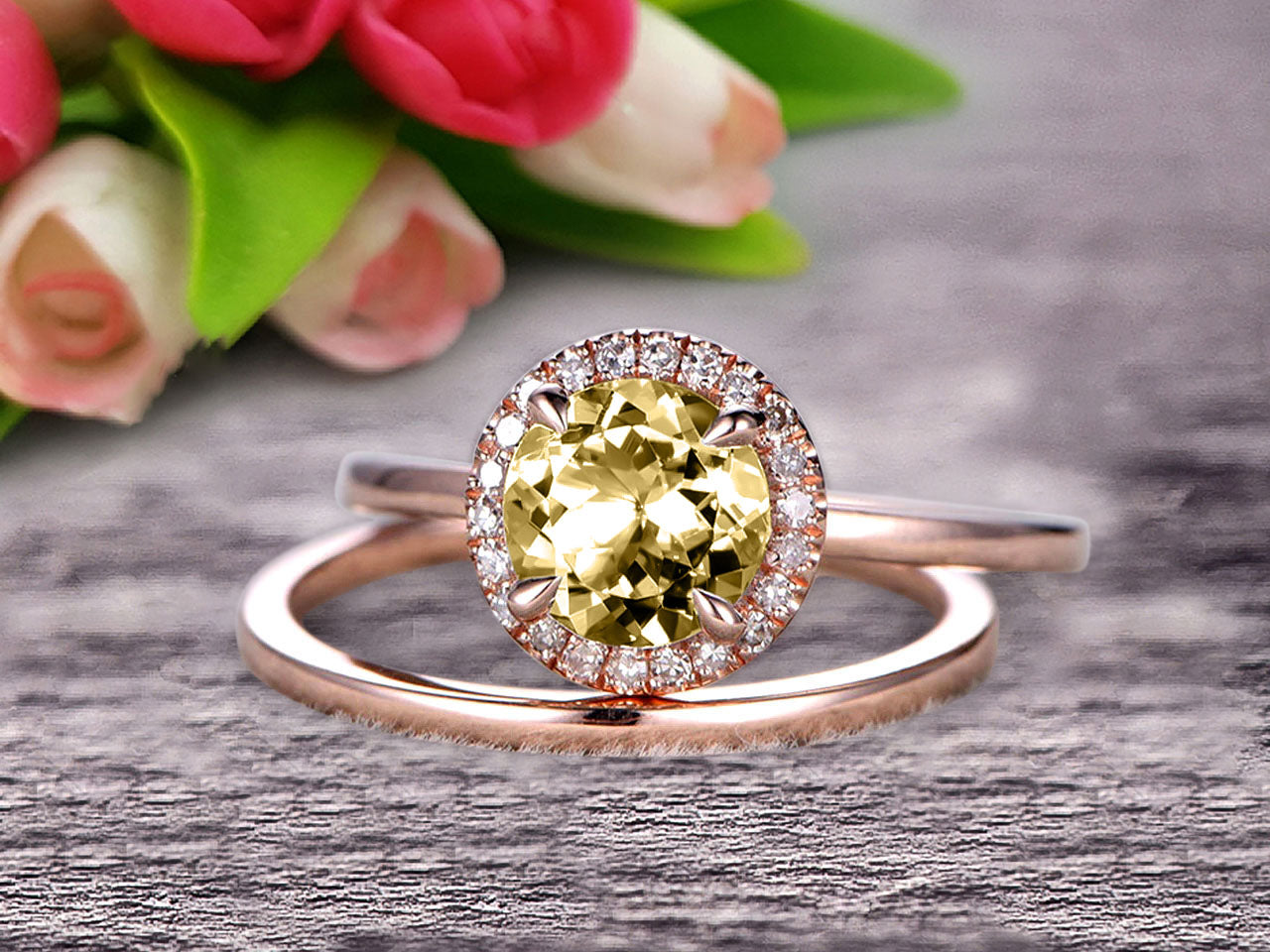 1.25 Carat Round Cut Champagne Diamond Moissanite Engagement Ring with Plain Matching Band in 10k Rose Gold - Perfect for Proposals, Anniversaries & Bridal Jewelry