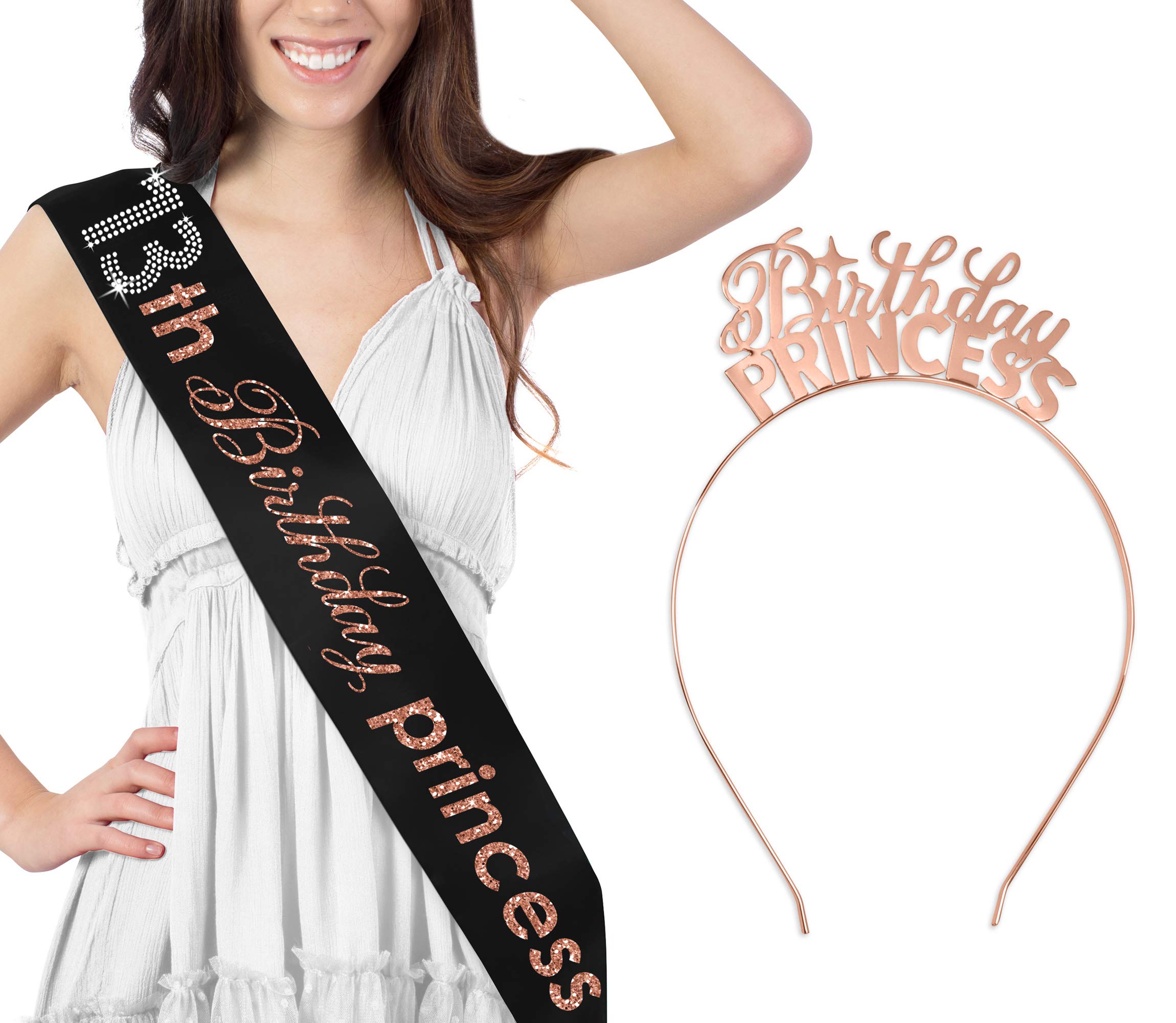 13th Birthday Tiara Sash Set - Rose Gold Princess Headband & Black Sash for Girls | Birthday Party Accessories | Sweet 16, Quinceañera, Special Occasions