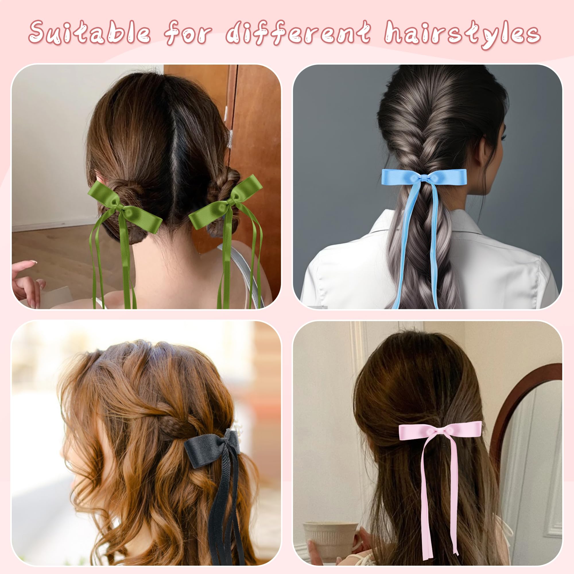 6Pcs Satin Ribbon Hair Bows for Women with Metal Clips - Elegant Tassel Bowknot Hair Clips with Long Tail - Perfect Hair Barrettes & Bow Accessories for Weddings, Parties & Daily Styling