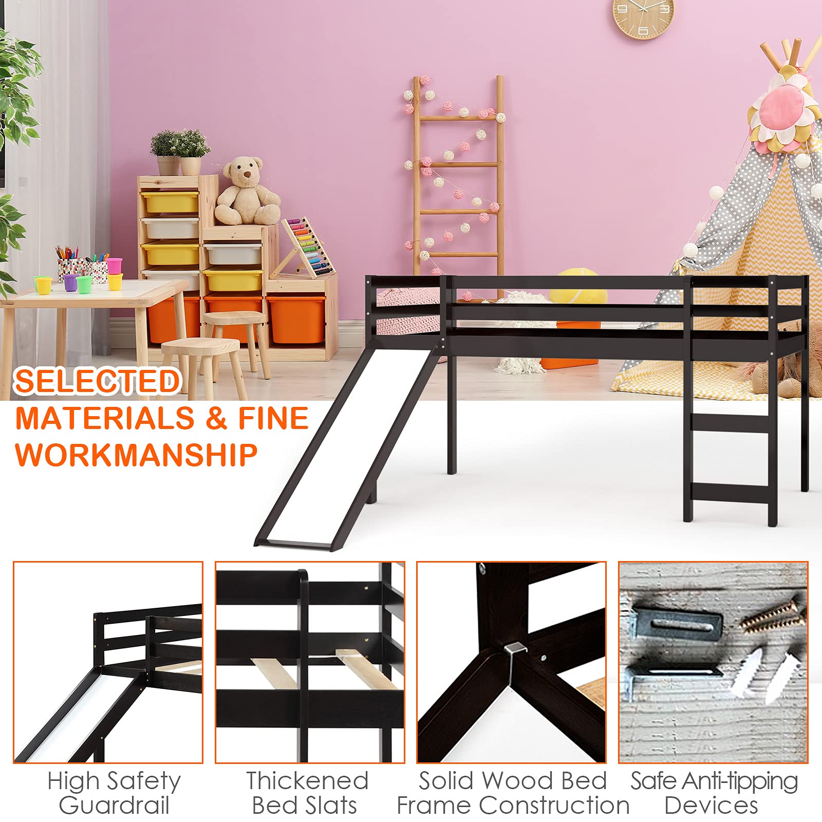 KOTEK Twin Loft Bed with Slide - Wooden Low Loft Bed for Kids with Ladder, Safety Guard Rail & Slats - Espresso Finish - Perfect for Small Bedrooms, Playrooms & Kids' Sleepovers