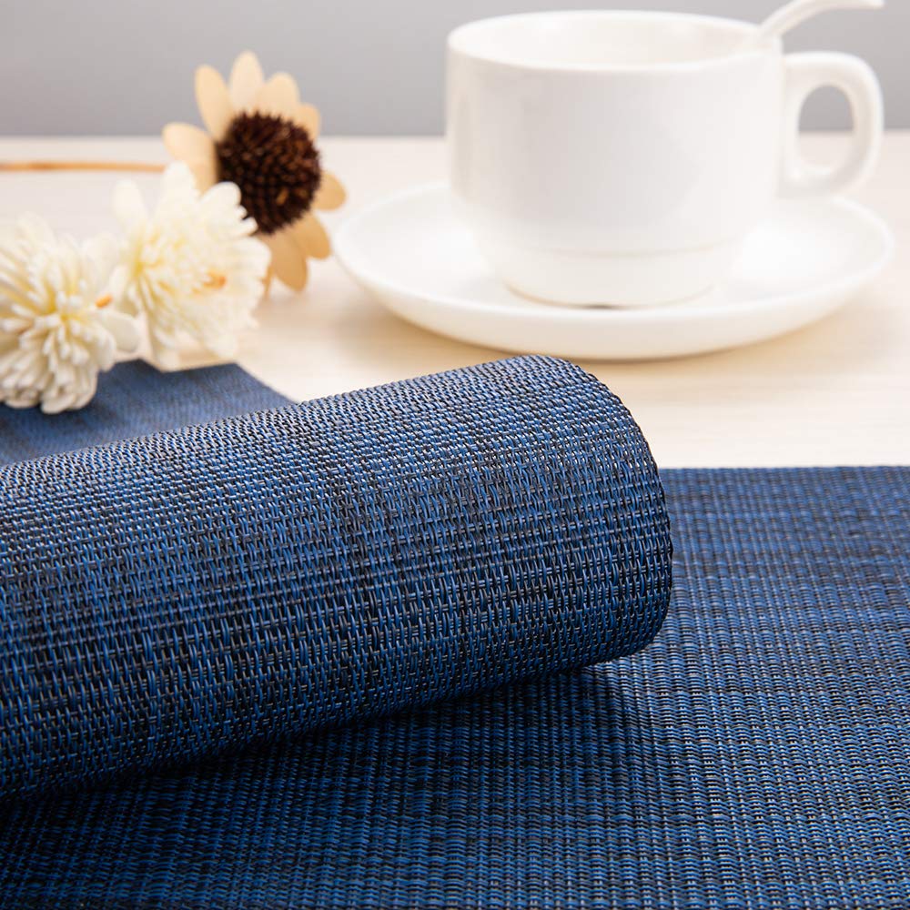 Myir JUN Set of 6 Non-Slip Heatproof Washable Woven Placemats - PVC Fabric Dining Table Mats for Indoor Use (Dark Blue) - Perfect for Everyday Meals, Dinner Parties & Home Decor