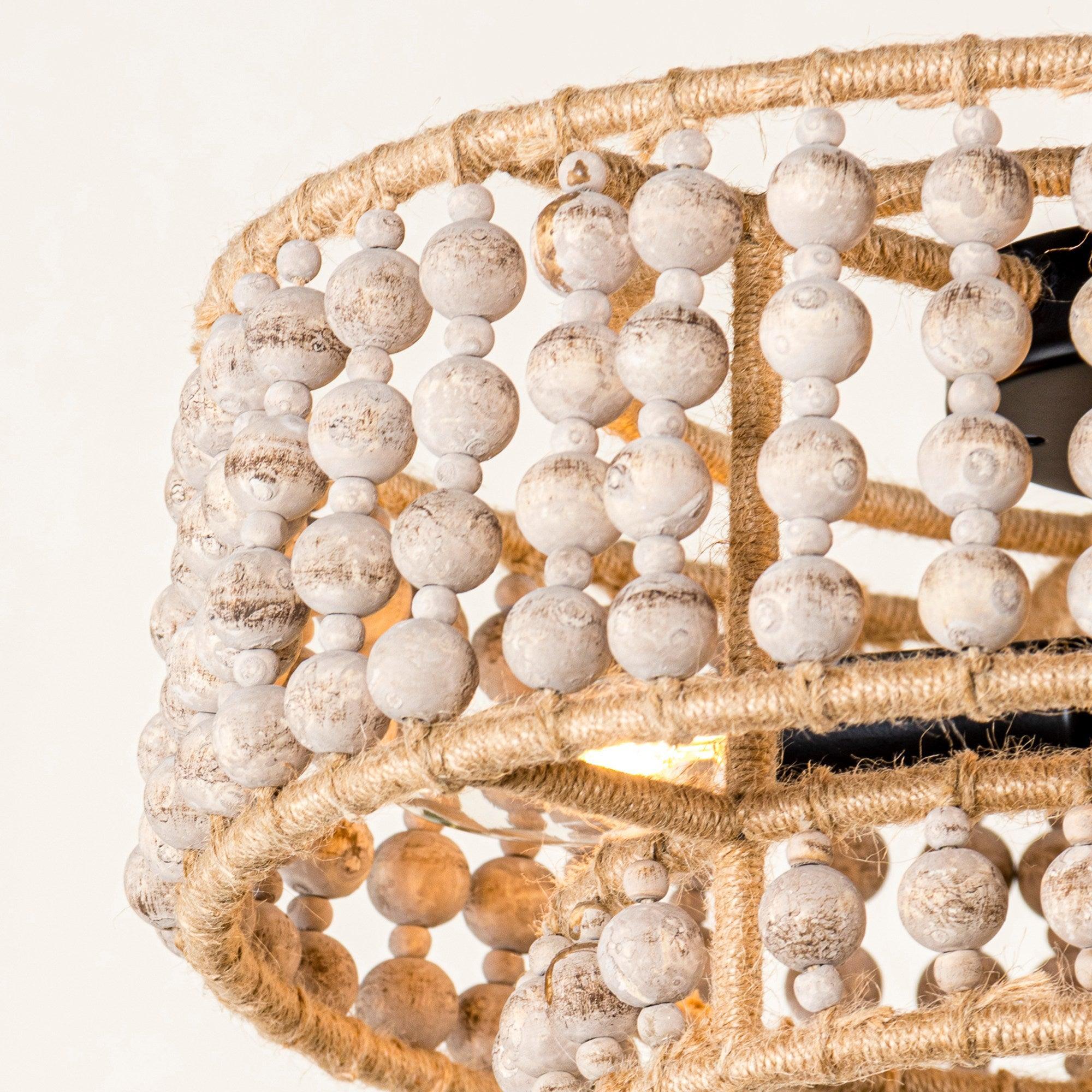 Farmhouse 3 Light Wood Beaded Flush Mount Ceiling Light Fixture - Rustic Chandelier for Kitchen, Dining Room & Bedroom Lighting
