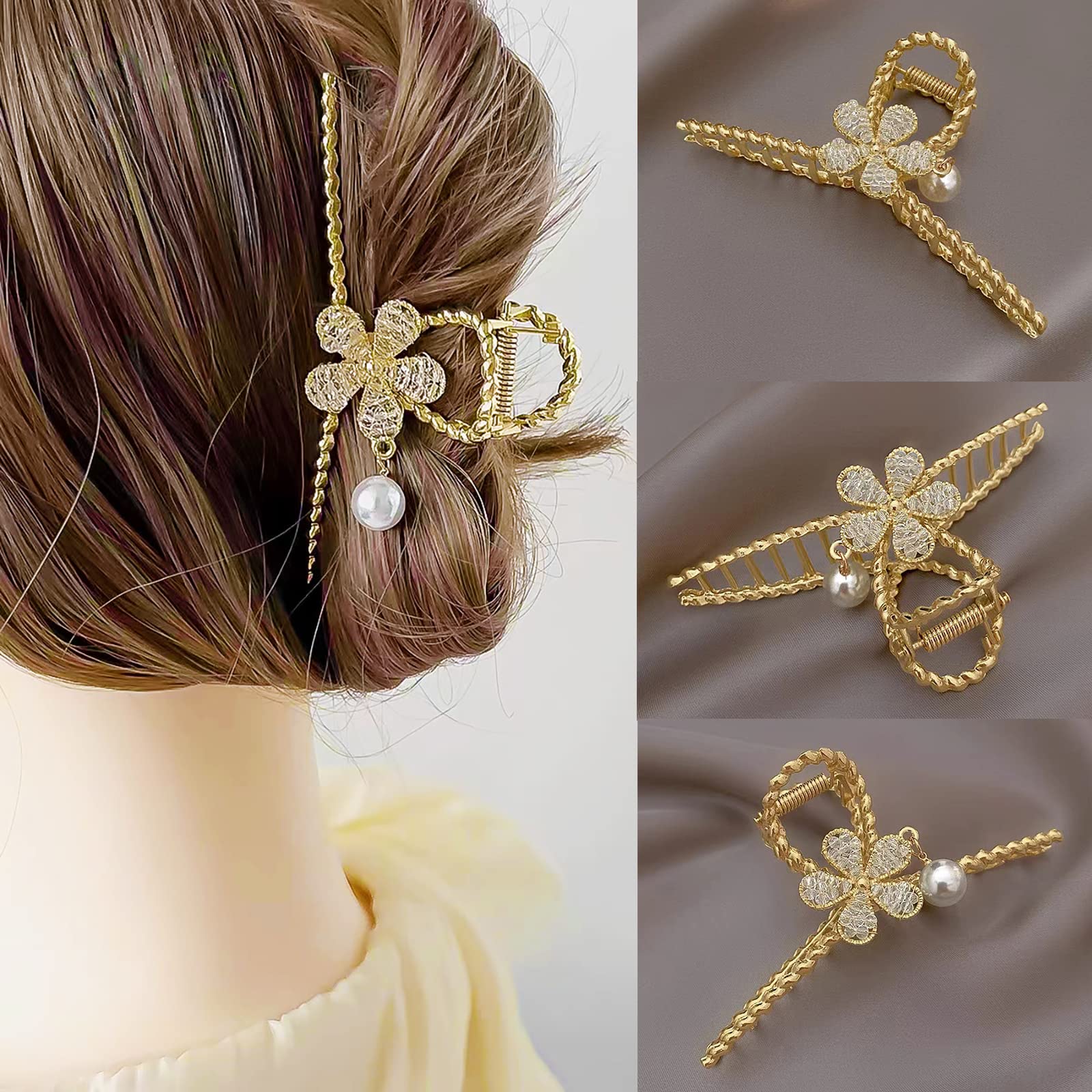 Elegant Crystal Flower Hair Clips for Women - Gold Metal Claw Hairpins for Thick Hair | Non-Slip Pearl Hair Accessories for Women & Girls | Perfect for Weddings, Parties & Everyday Styling