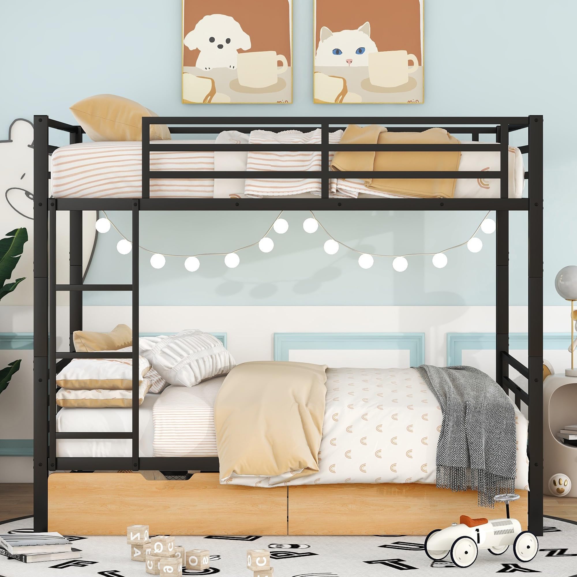 Full Over Full Bunk Bed with 2 Storage Drawers - Heavy Duty Metal Bunk Bed Frame with Safety Guard Rails & Ladder for Kids, Teens & Adults - Convertible to 2 Separate Beds - Space-Saving Black Bunk Bed for Small Rooms, Dorms & Guest Bedrooms
