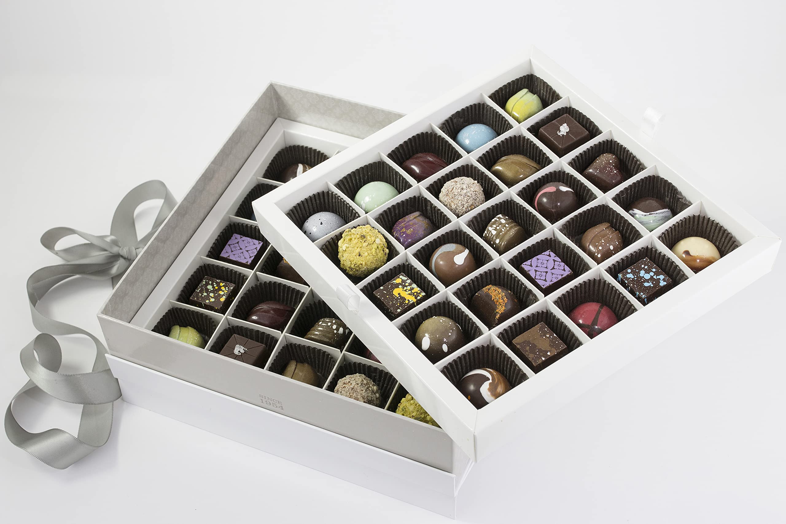 Premium Chocolate Gift Box by Dallmann Confections - 50 Pcs Handcrafted Chocolates with Silver Satin Ribbon | Elegant Birthday, Anniversary & Corporate Gifts | Perfect for Holidays, Valentine's Day & Special Occasions