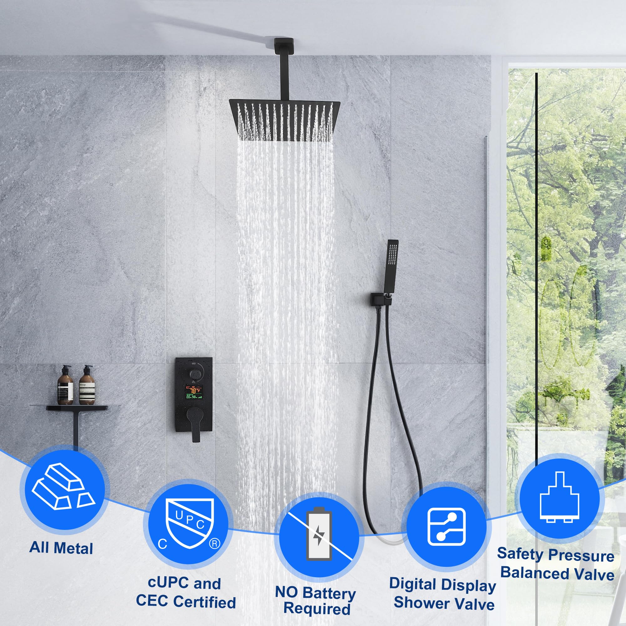 SKWOLL Matte Black Shower Faucet Set - 12 Inch Ceiling Mount Rain Shower Head with Digital LCD Display & 2 Function Valve Kit | Modern Bathroom Upgrade for Spa-Like Experience